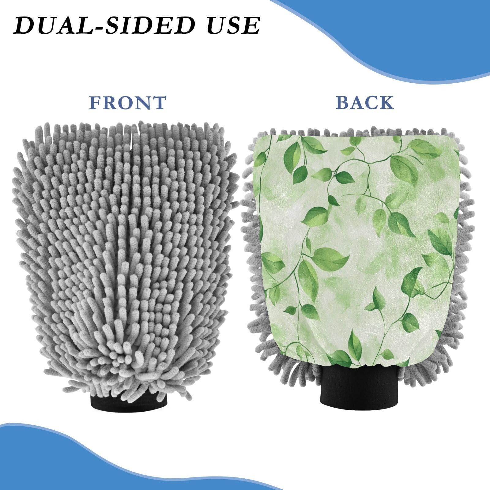 Flradish 2 Pack Green Leaves Car Wash Mitt Chenille Microfiber Lint-Free Scratch Free Ultra-Soft Absorbent Car Wash Mitt 10.2x7.09 Inch