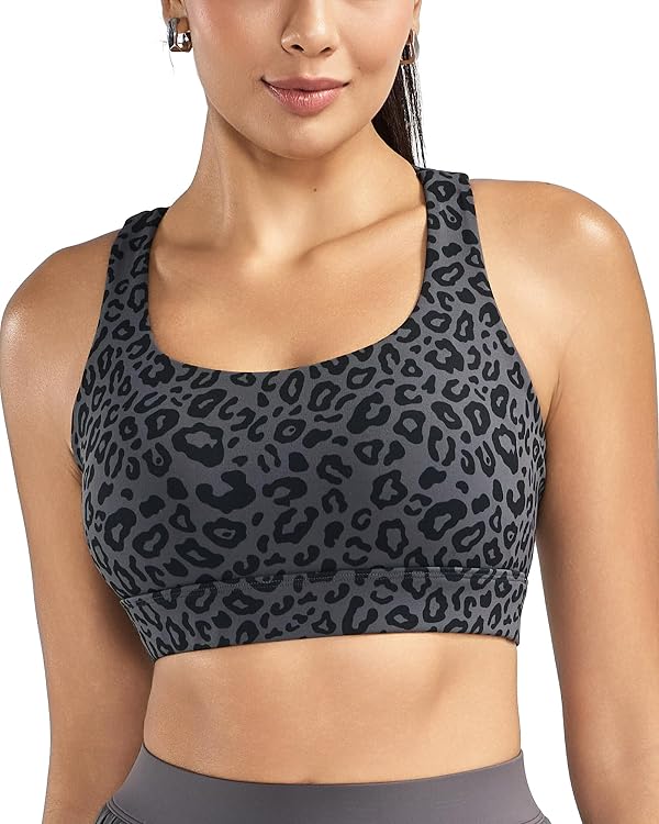 RUNNING GIRL High Impact Sports Bras for Women - Scoop Neck Strappy Sports Bra High Support Moulded Cup Workout Bra(WX3022 Leopard Print XL)