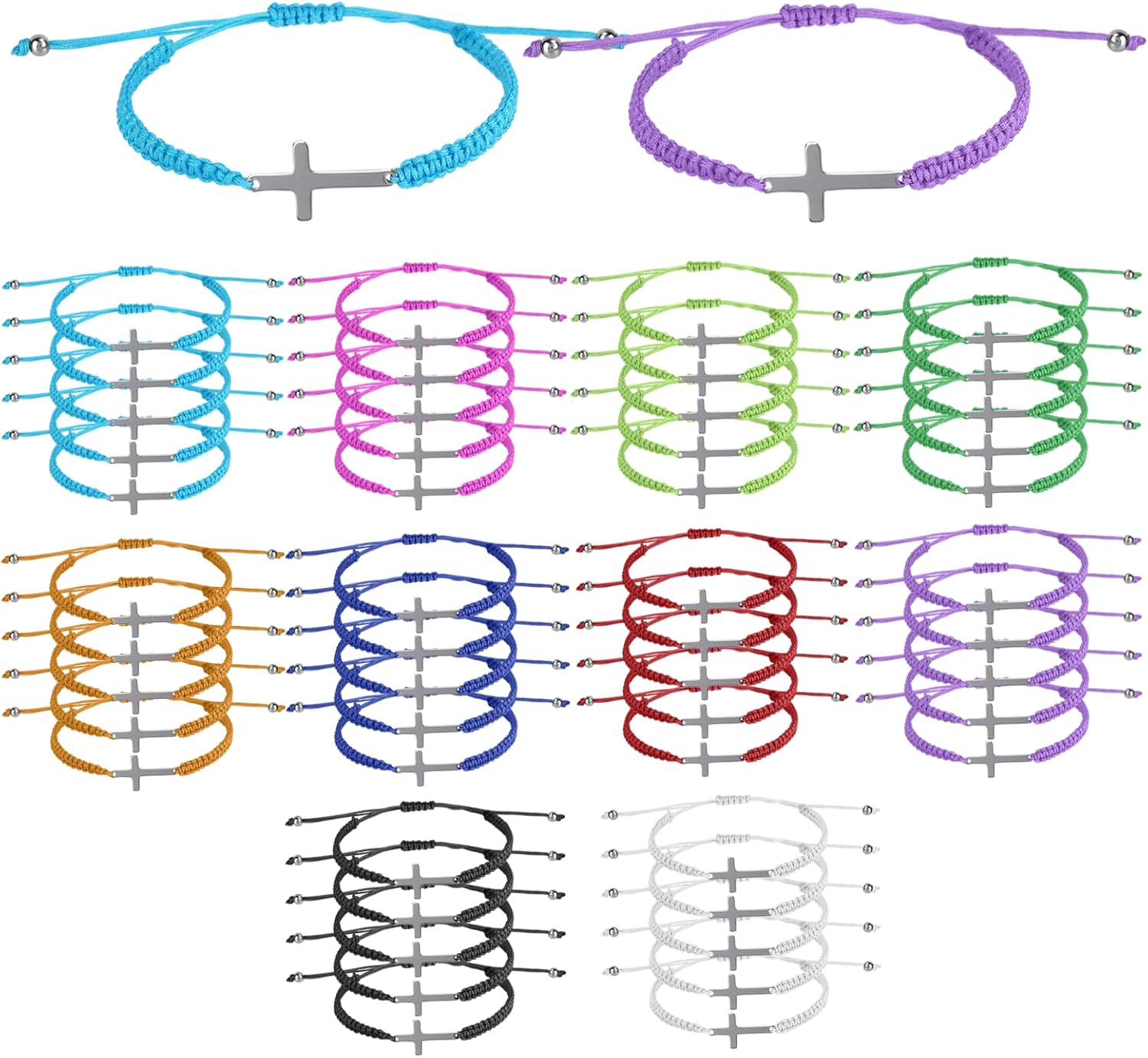 50Pcs Cross Bracelet Bulk, Christian Bracelets for Women Men, Adjustable Braided Cord Rope String Bracelets with Cross Charm, Jesus Religious Christian Gifts Bulk for Church Baptism Party Favors