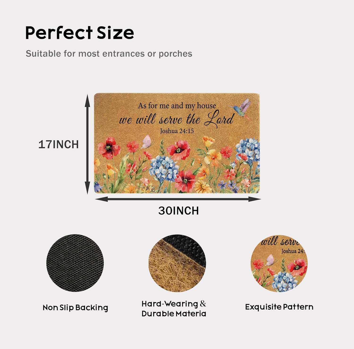 As for Me and My House Door Mat – 30×17″ Christian Welcome Mat with Bible Verse, Blessed Faux Coir Non-Slip Indoor & Outdoor Entry Rug, Durable Dirt-Trapping, Housewarming