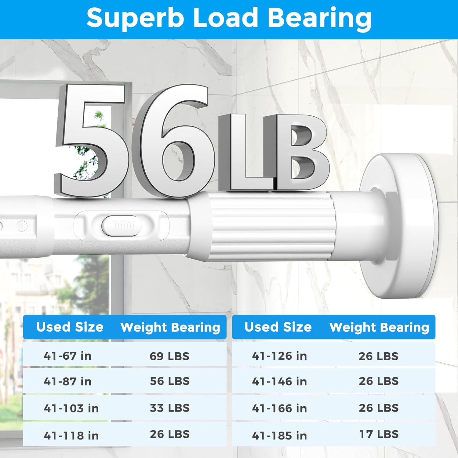 MEXAU White Tension Curtain Rods 41-87 In Extra Long Outdoor Patio Curtain Rods No Drilling Adjustable Heavy Duty Tension Rods for Windows Bathroom Living Room Curtains, Rod Diameter 1.26In