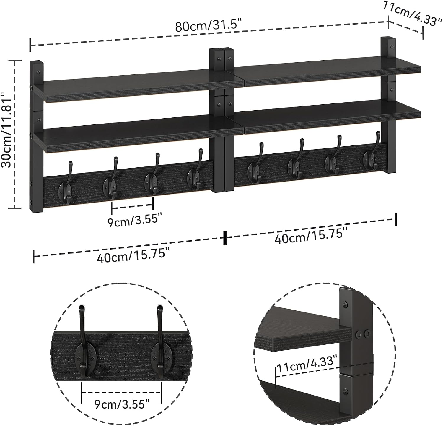 YMYNY Double Shelf Coat Rack Wall Mount with 8 Hooks, Black HWS009B-2 | Wooden Coat Hanger Key Holder Wall Mount for Coats Hats Keys - Wood Wall Mounted Coat Rack with Shelf for Entryway & Bathroom