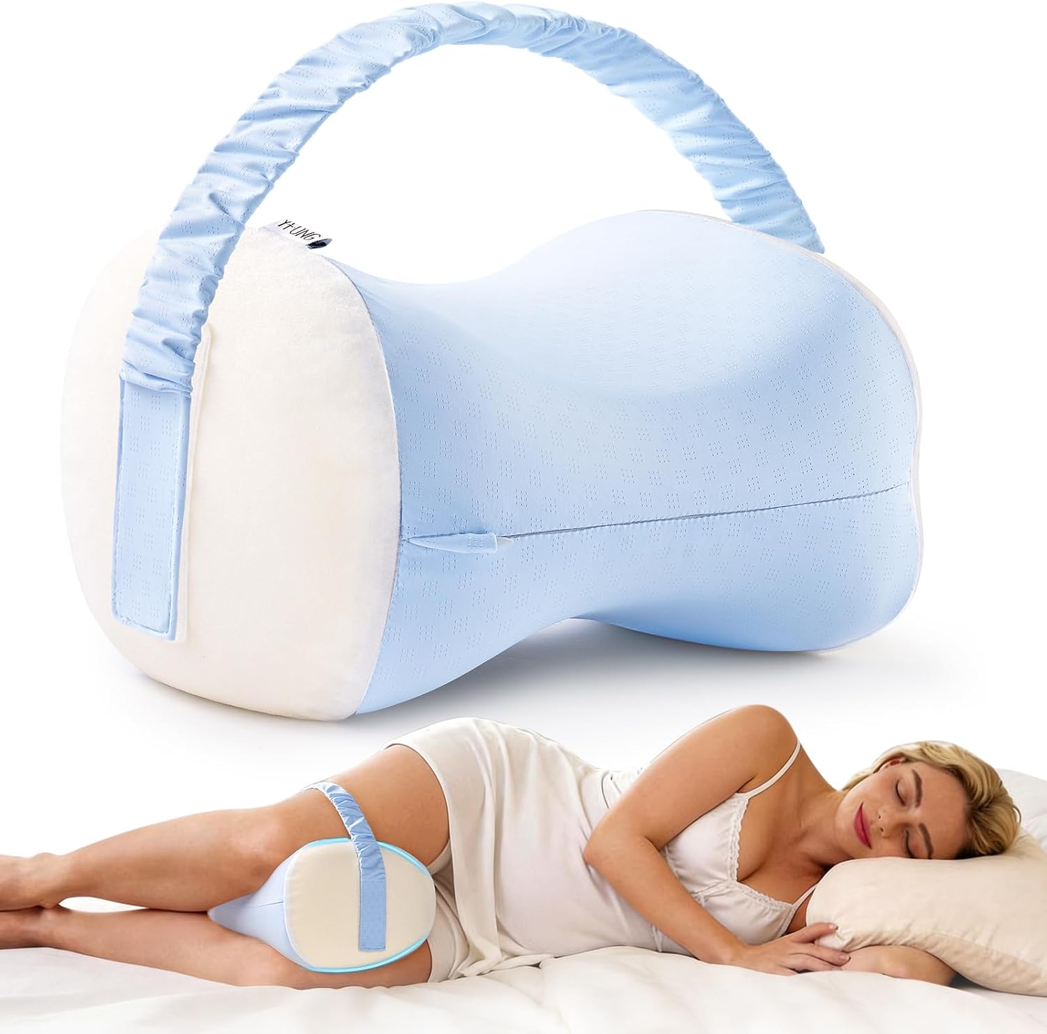 YFONG Knee Pillow for Side Sleepers, Memory Foam Leg Pillow with Adjustable & Detachable Strap, Ergonomic Support for Back, Hip, Knee, Sciatica Pain Relief, Blue