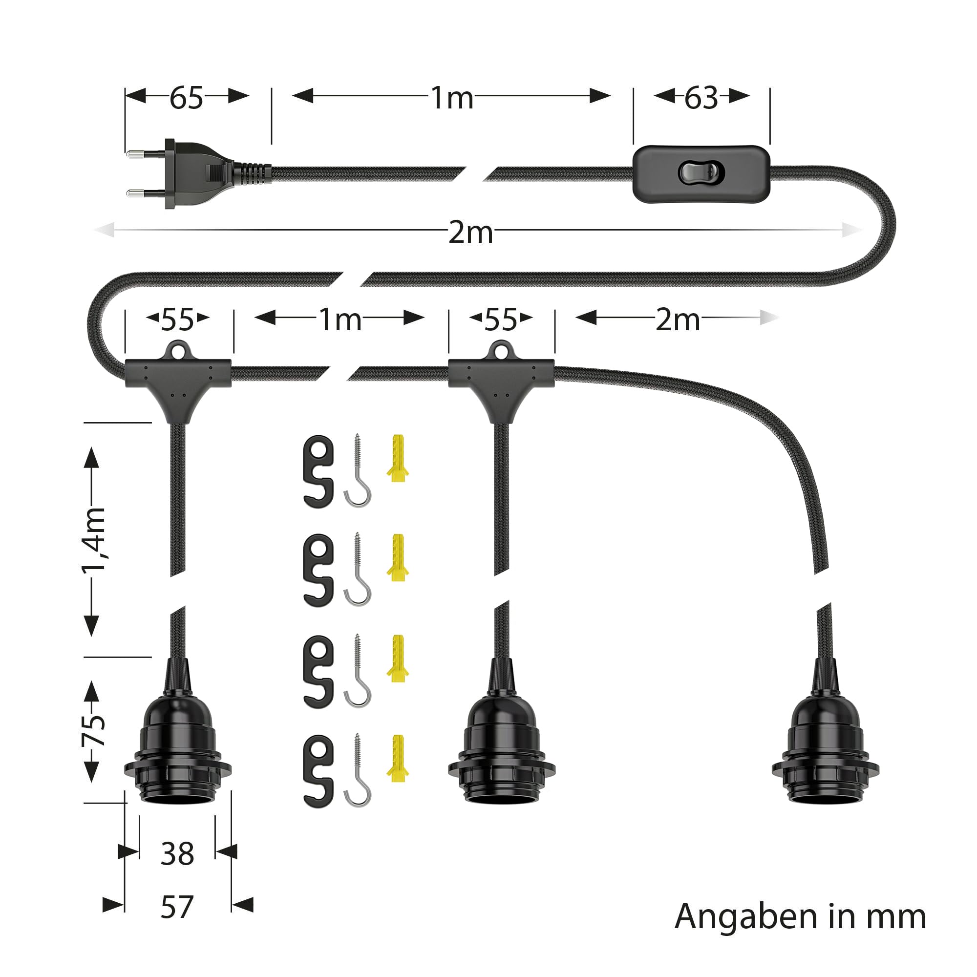 ledscom.de 2 cavi tessili LEKA, spina, interruttore, nero, 8 m, portalampada, 3x E27 max. 60 W