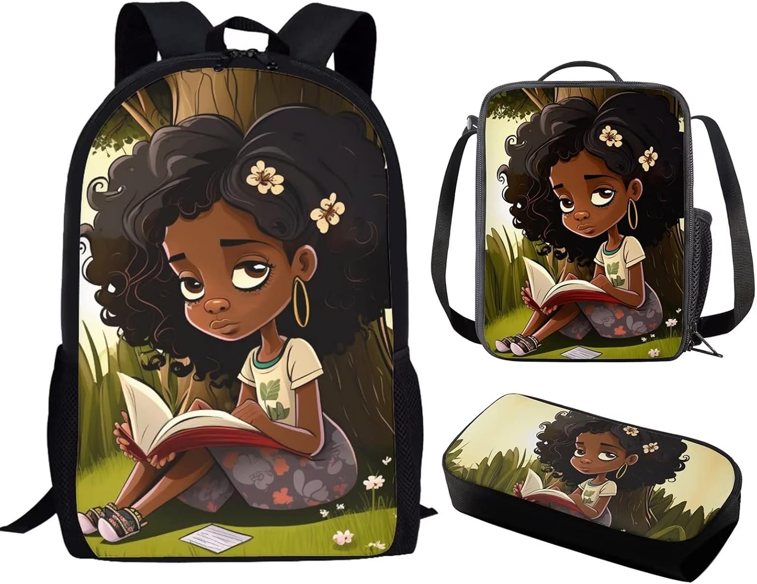 African Girls Backpack for Kids 6-8 10-12 School Bag Sets with Lunch Box Pencil Case Book Bags for Teenage Girls Elementary Kindergarten Preschool Schoolbag Bagpack