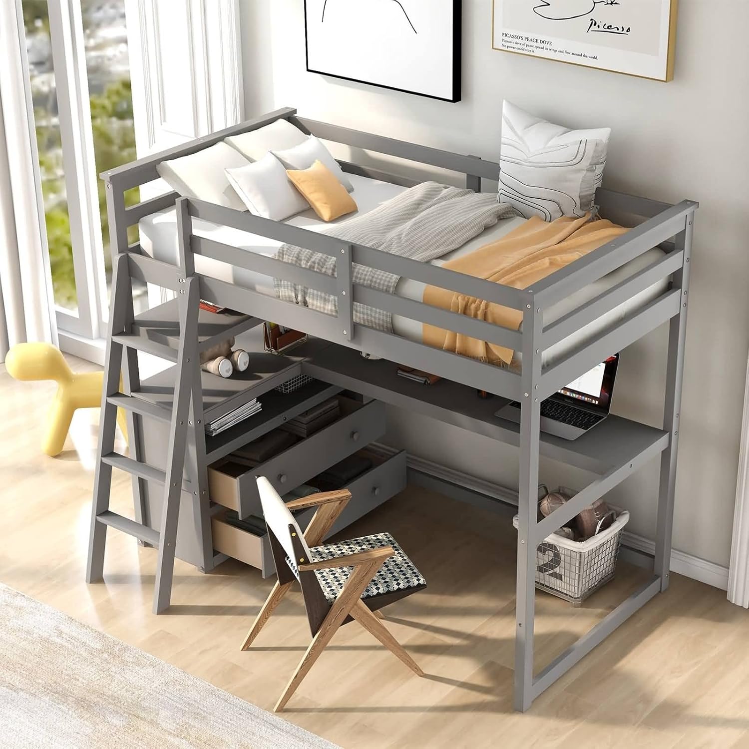 Platform Bed Twin, Twin Size Loft Bed with Desk and Shelves, Two Built-in Drawers, Gray