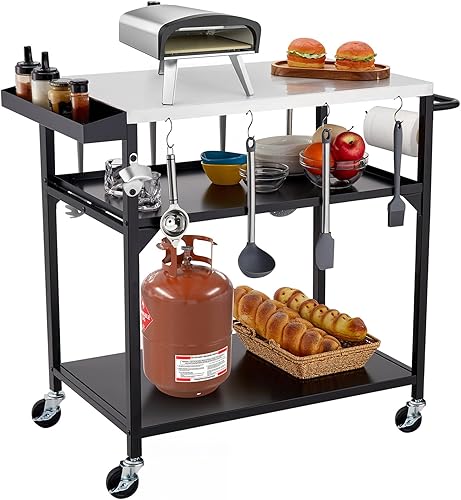 GarveeLife Carrito de mesa para parrilla al aire libre con 4 ruedas, mesas de horno de pizza de acero inoxidable para exterior, mesa de preparación