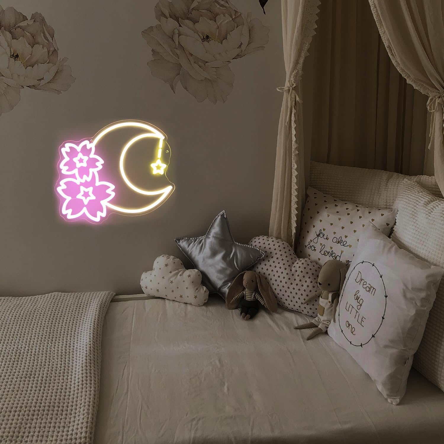Sakura Moon Star Neon Signs for Wall Decor Cherry Blossom Neon Light Dimmable Flower Aesthetic Wall Art LED Sign for Bedroom Living Room Dorm Decoration Girls Gifts