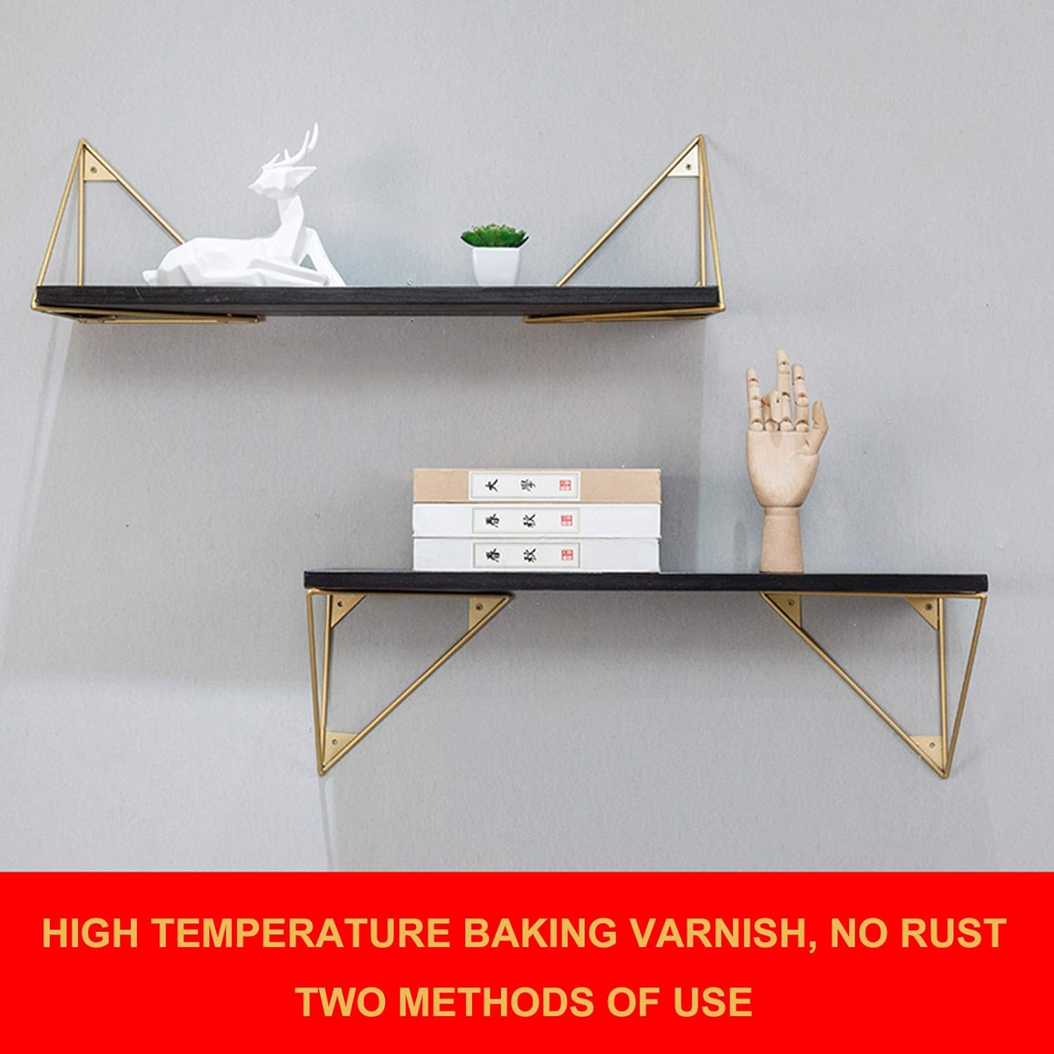 Triangular Heavy-Duty Floating Shelf Bracket,Wall-Mounted Fixing Plate Metal Shelf Supporter,Multifunctional Gold Can Be Customized DIY Shelf Support Bracket Frame,Bearing 50Kg,Gold,150mm(5.9in)