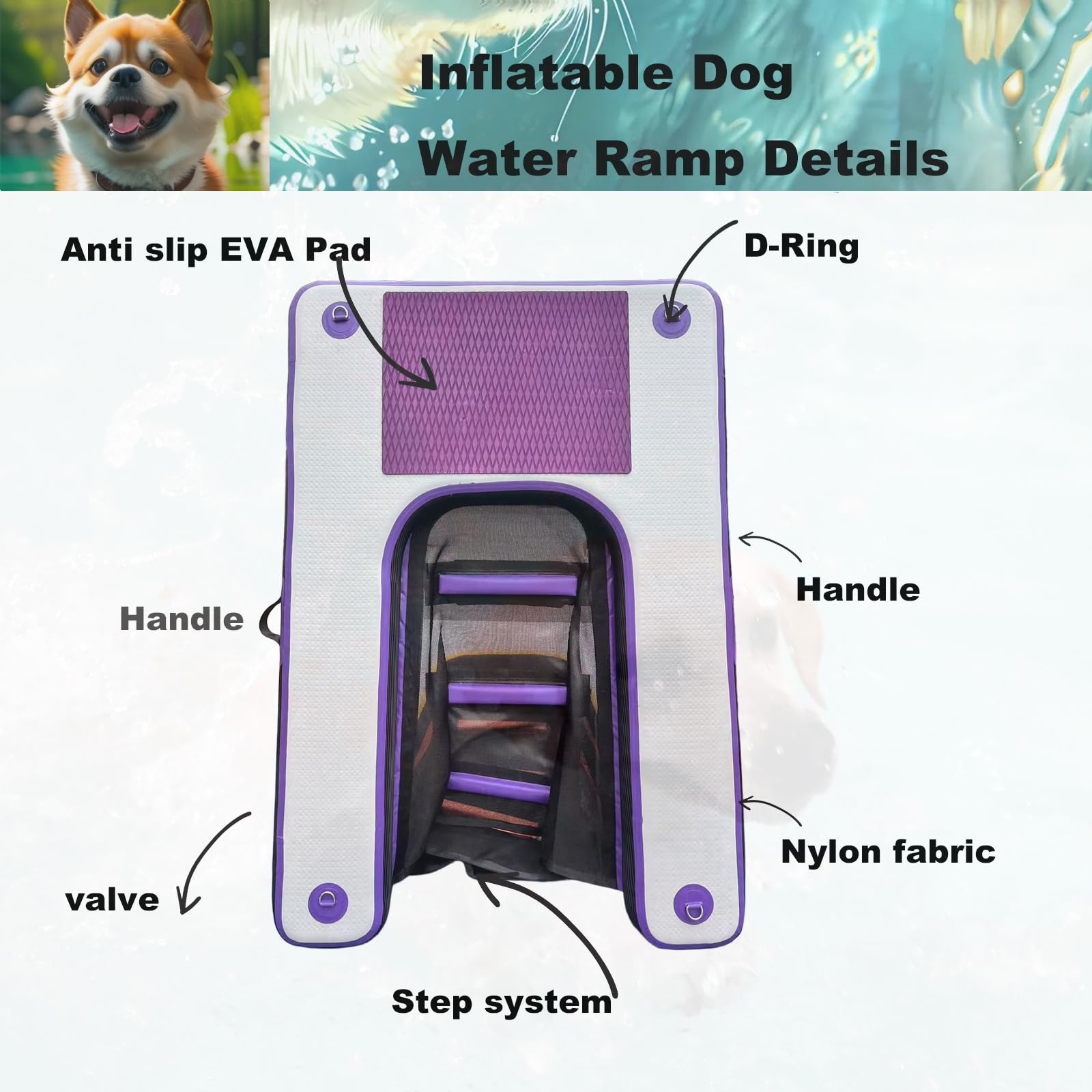HEYLIFE Rampa Gonfiabile Per Cani cancelletti e Rampe Inflatable Dog Water Pool Ramp Per Piscina Fino a 100 kg Purple 120x90x10cm
