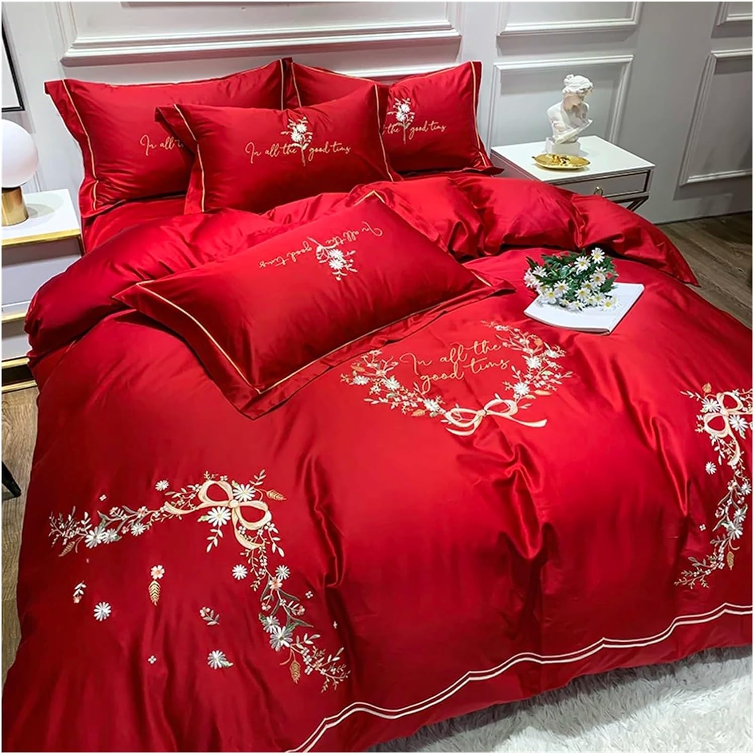 Cotton Bedding Sets Queen King Size Flowers Embroidery Bed Duvet Cover with Filling Bed Sheets/Rubber Fitted Sheet Linen,Bed