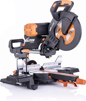 Evolution Power Tools R255SMS-DB+ 10-Inch Dual Bevel Sliding Miter Saw Multi-Material, Multipurpose Cutting Cuts Metal, Plastic, Wood 45 -45 Double Bevel & 50 -50 Miter TCT Blade Included