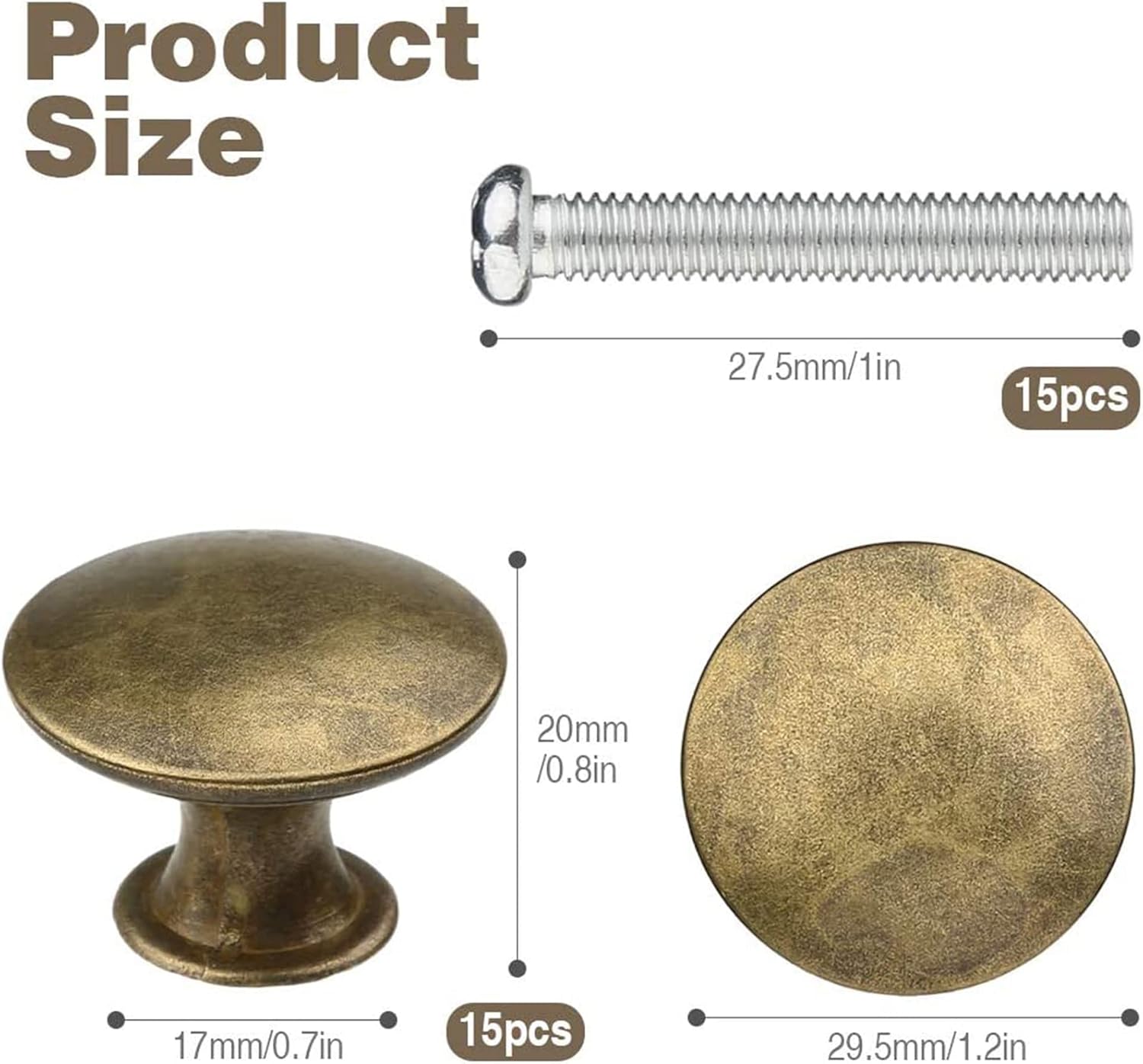 15PCS 30MM Vintage Bronze Style Round Knobs Bronze Round Furniture Door Knobs Antique Brass Door Knob with Screws for Drawer Wardrobe Closet Bedside Table Cupboard