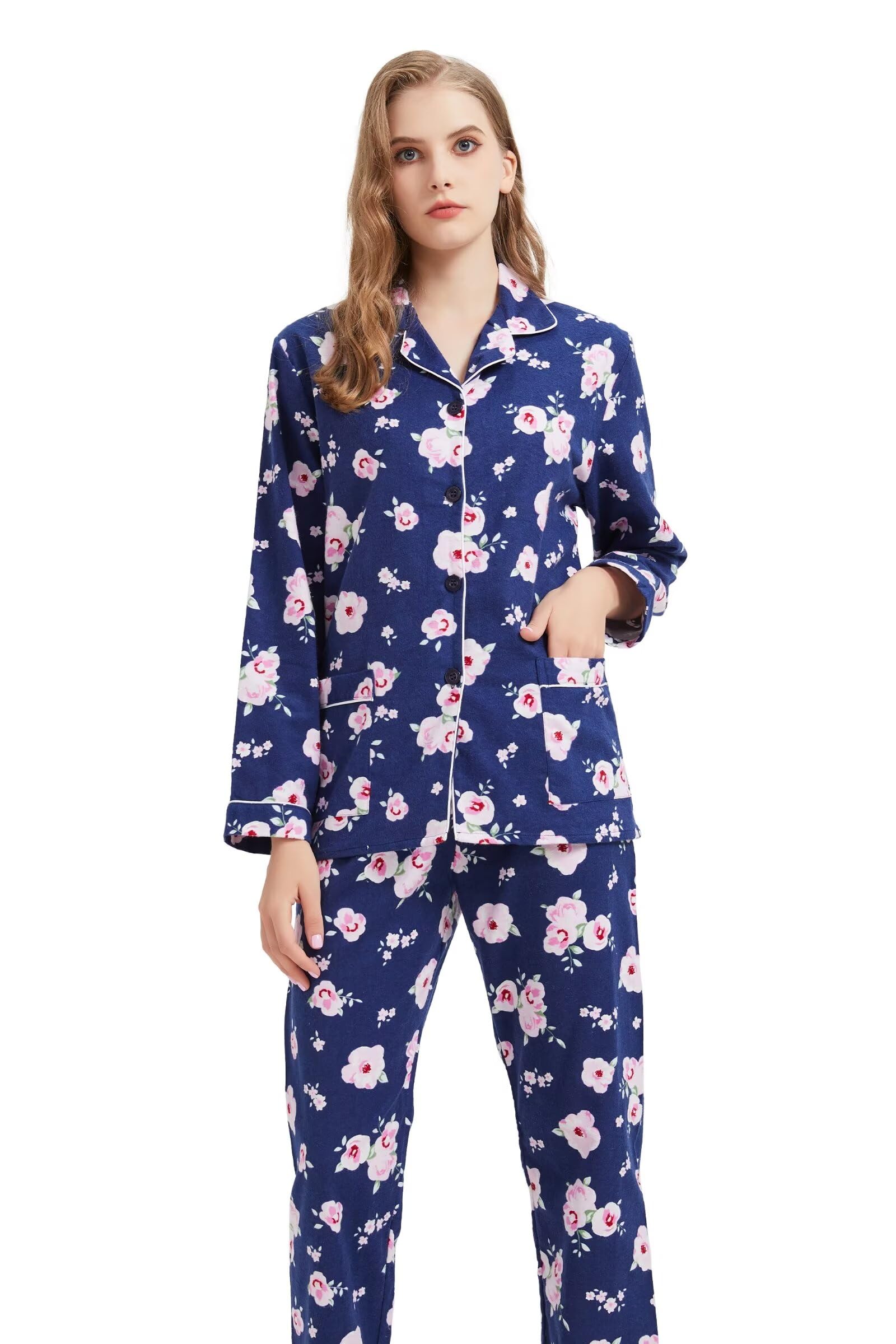 GLOBAL Pigiama da Donna Lungo Flanella di Cotone