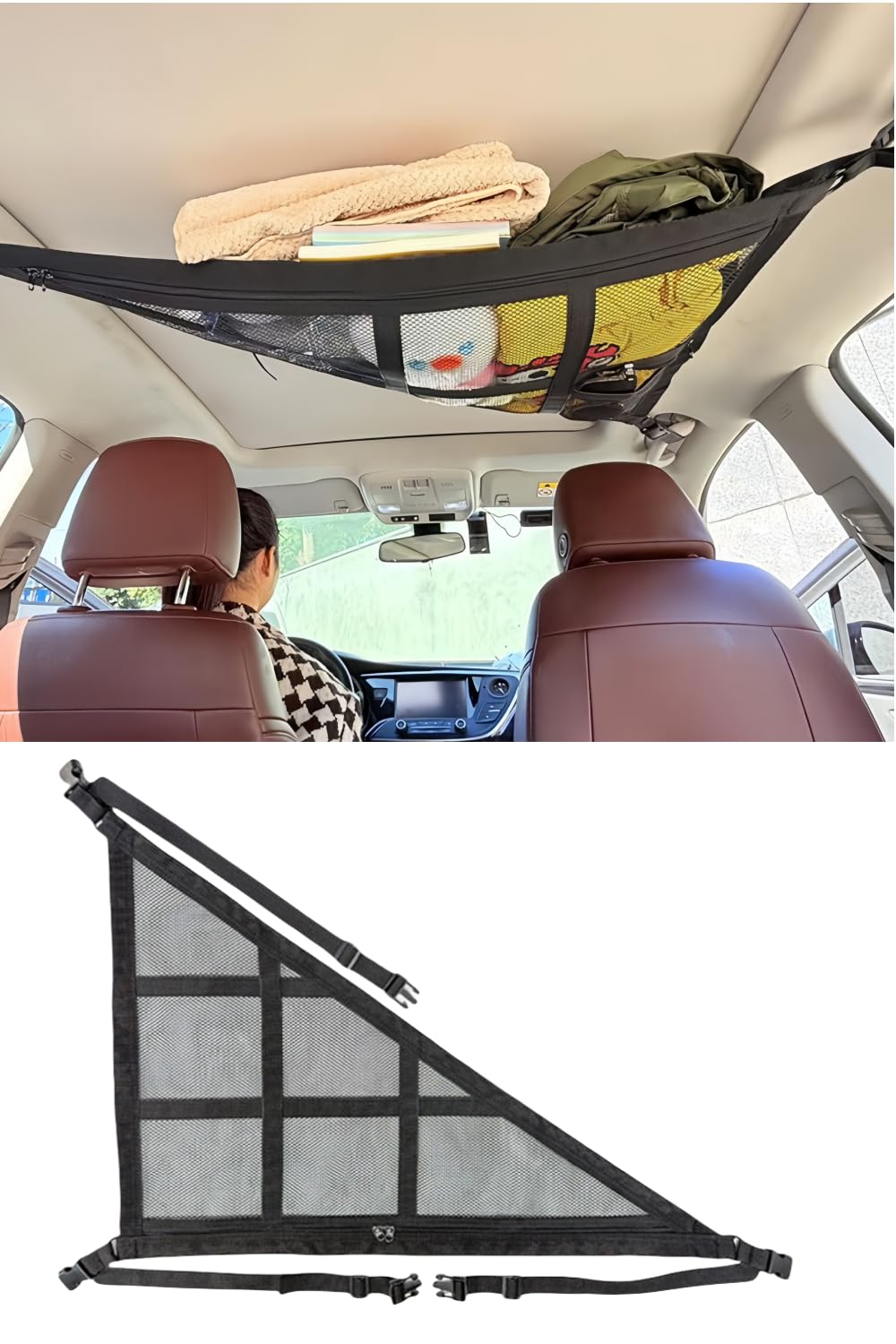YFFSFDC 車内天井収納 ネット 三角形 80*55cm 2層タイプ ファス…