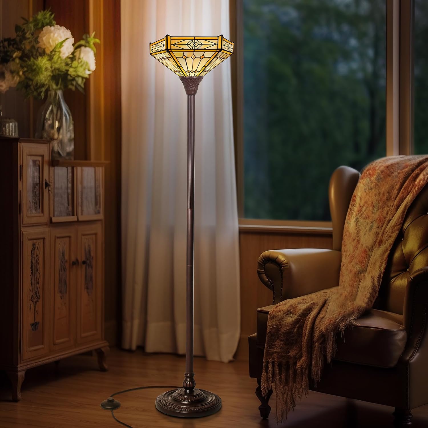 Capulina Tiffany Lamp Stained Glass Torchiere Floor Lamp 70 Inches Tall Industrial Pole Cream Hexagon Tiffany Style Standing Floor Lamp for Home Office Living Room Bedroom