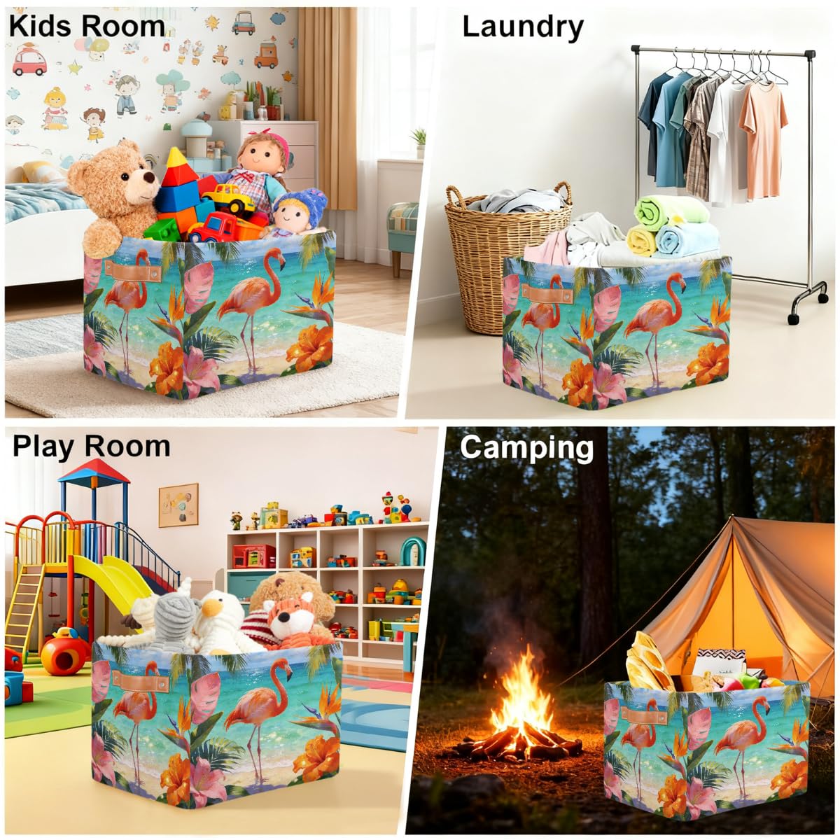 Summer Beach Flamingo Rechteckiger Aufbewahrungskorb mit Ledergriffen, 2 Stück, faltbarer Stoff-Aufbewahrungskorb für Schrank, Badezimmer, Wohnzimmer, Büro, Spielzeug, Organizer, Wäschekorb