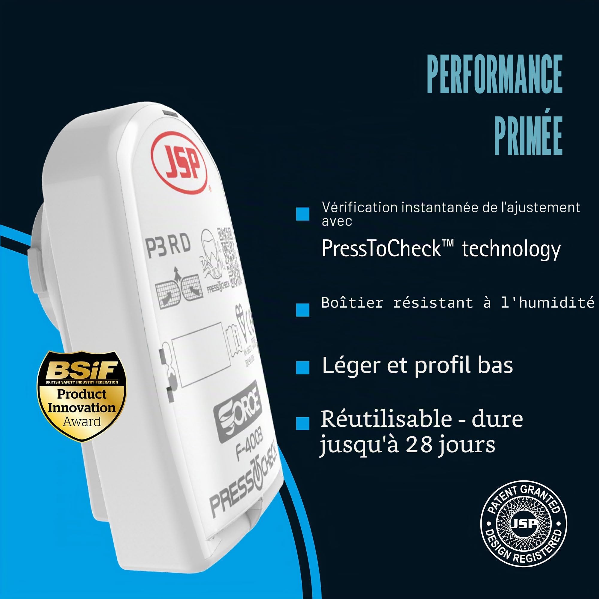 JSP FORCE 8 Masque Respiratoire Filtres P3 PressToCheck™ - Réutilisable - Protection Poussières Fines, Quartz, Bois, Glyphosate, Moisissures, Aérosols - Bricolage, Industrie - EN 140 & EN 143