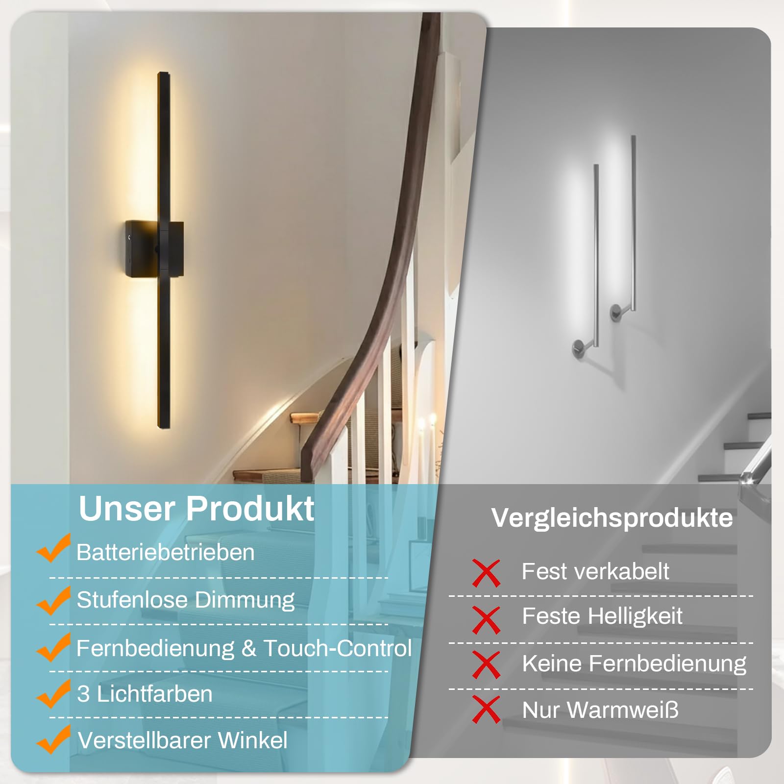 Akku Wandleuchte Innen Schwarz 10000mAh,80cm Wiederaufladbar Wandlampe,3 Farbtemperaturen Dimmbar,Moderne Kabellose Leuchte mit Fernbedienung,360°Drehbar & Timer für Schlafzimmer & Wohnzimmer