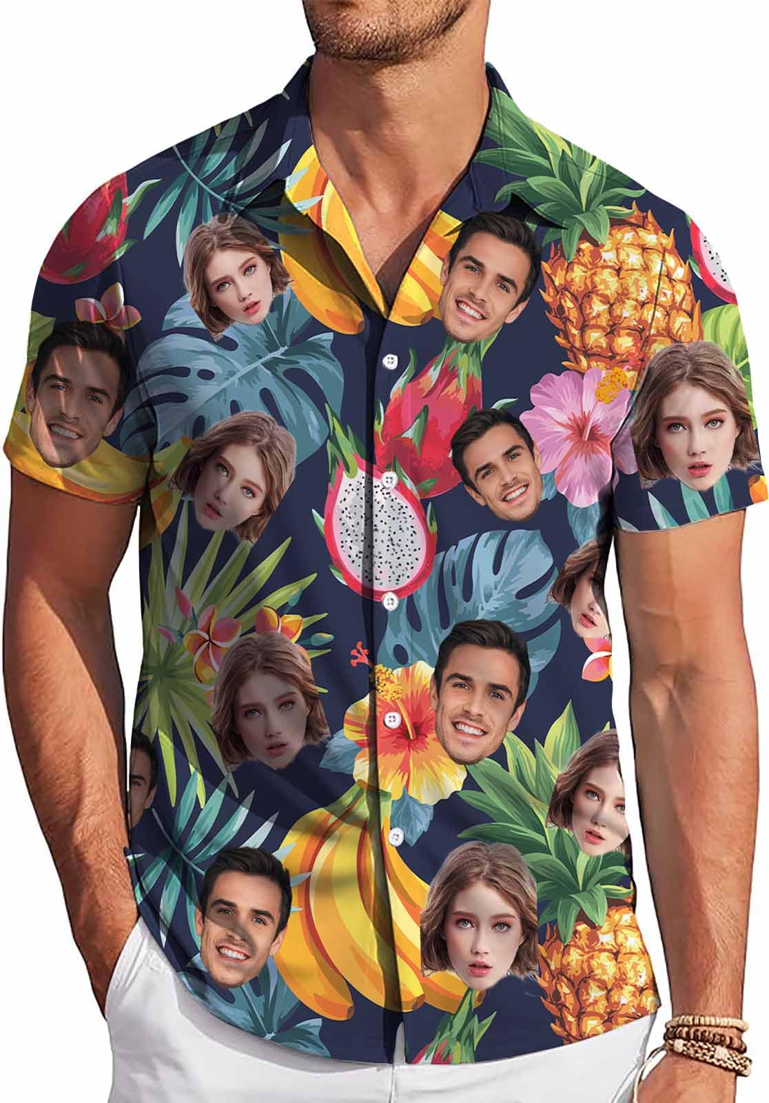 ONCUSTOMCustom Hawaiian Shirt W/Face for Men Personalized Funny Button Down Hawaiian Shirts w/Photo Tropical Beach Shirts