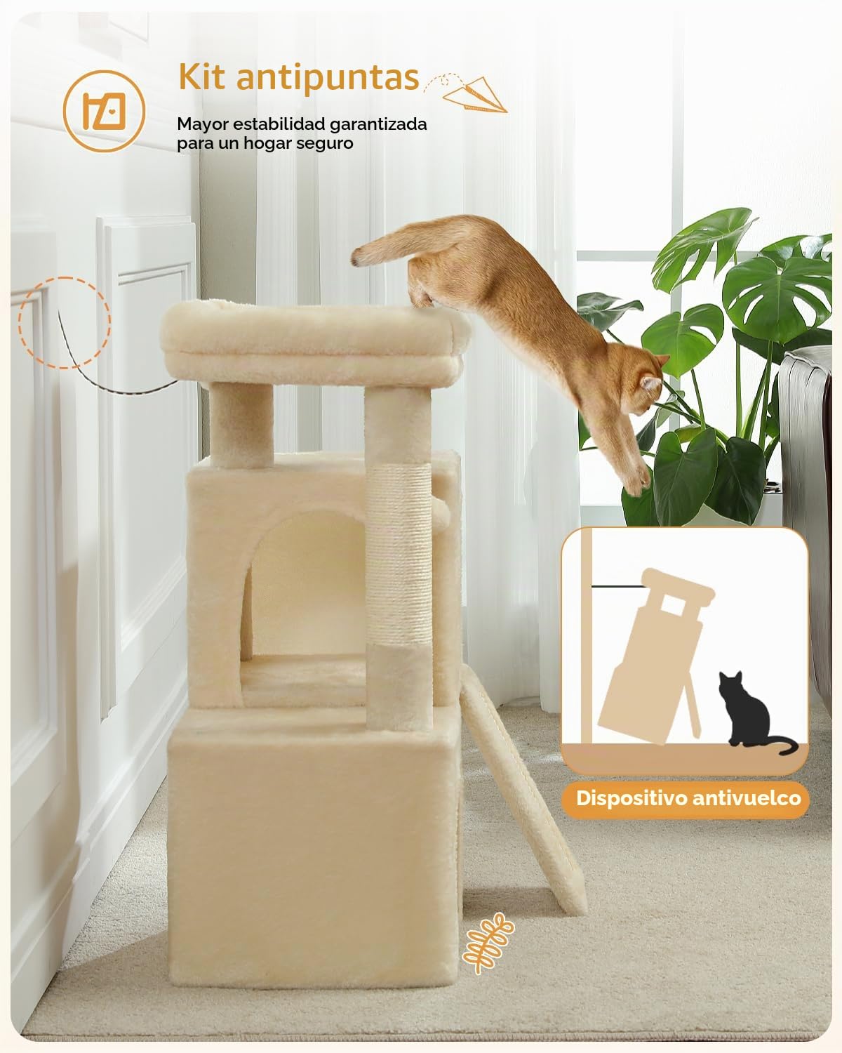PETEPELA Rascador con doble condo para gatos de casa, casa todo en uno con barra acolchada, rampa y postes y bolas intercambiables, color beige