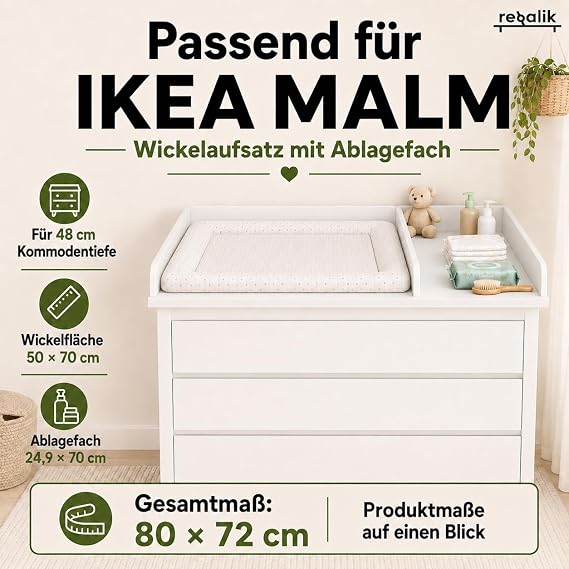 Changing Table Topper with Divider for IKEA Malm, 48cm Depth, White