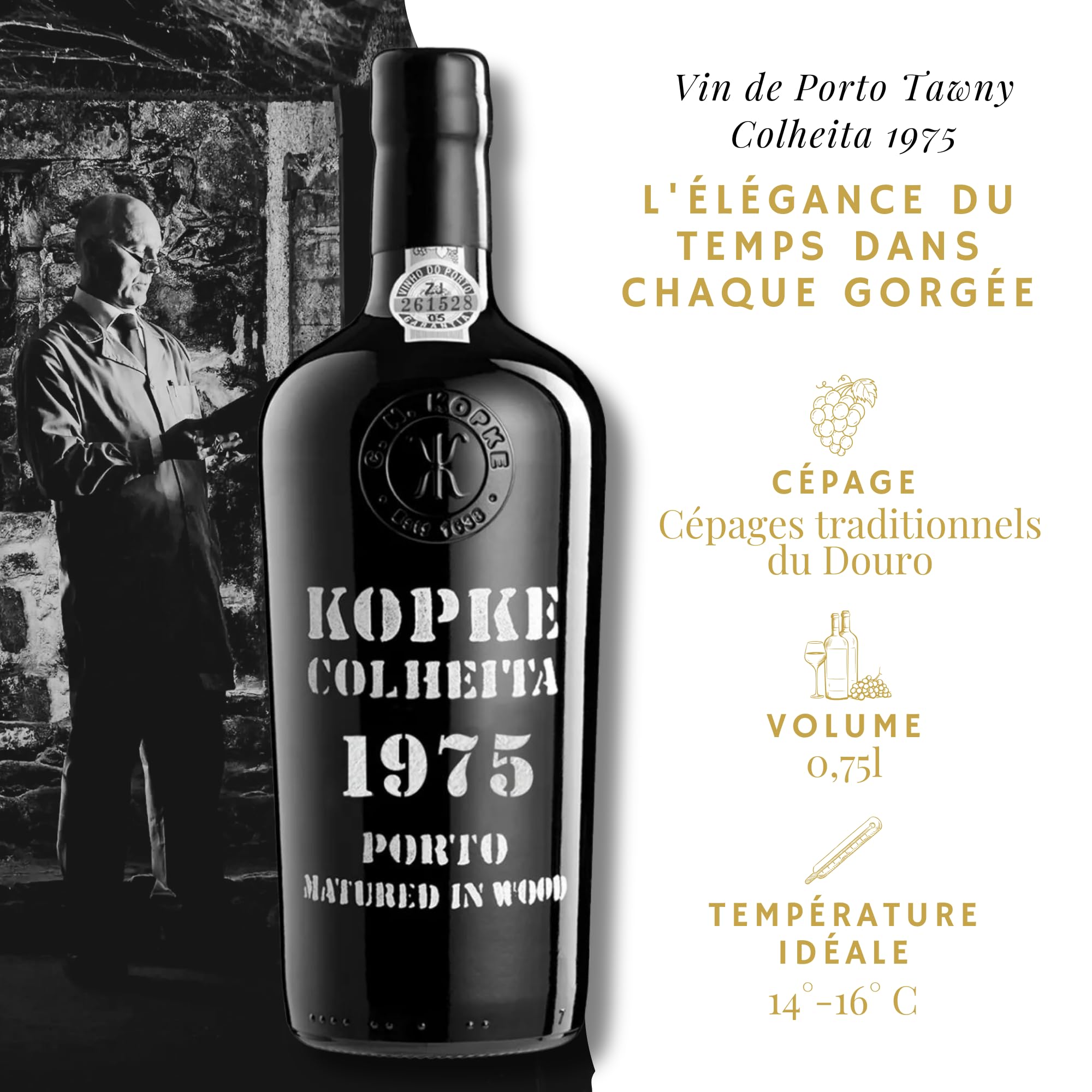 Kopke Porto Tawny Colheita 1975 – Porto Rouge en Coffret Cadeau Élégant | Vin de Dessert Vieilli en Fût de Chêne | Spécialité Portugaise, Idéal comme Cadeau d’Anniversaire 50 Ans | 0,75L, 20% Vol.