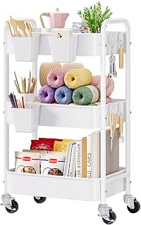 3 Tier Rolling Cart Metal with Wheels, White Three Tiered Craft Cart Organizer on Wheels, Storage Utility Carts for Art, Baby Nursery,Diaper Caddy, Cleaning Supplies, Nail,Lash,Snack,Book,Roller Shelf