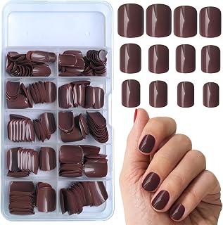 240pcs Short Press on Nails Full Cover Short Square Fake Nails Brown Glossy Acrylic Artificial False Nail Tips with 5 Sheets Adhesive Glue Tabs for Women and Girls Fingernails Design