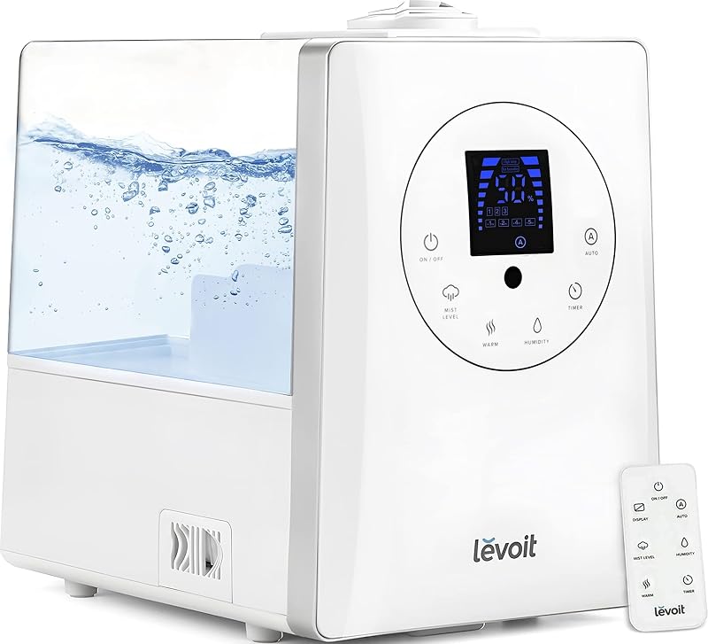 Humidificadores para dormitorio, habitación grande, hogar, niebla cálida y fría, blanco | Aire ultrasónico de 6 litros para plantas y toda la casa, modo automático, sensor de humedad incorporado, difusor de aceite esencial, silencioso, temporizador