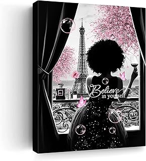 African American Wall Art Black Girl Pink Flowers Canvas Prints Black and White Wall Art Modern Fashion Paris Decoration Pictures Painting Framed Artwork Home Decor for Bedroom Bathroom 12x16inch