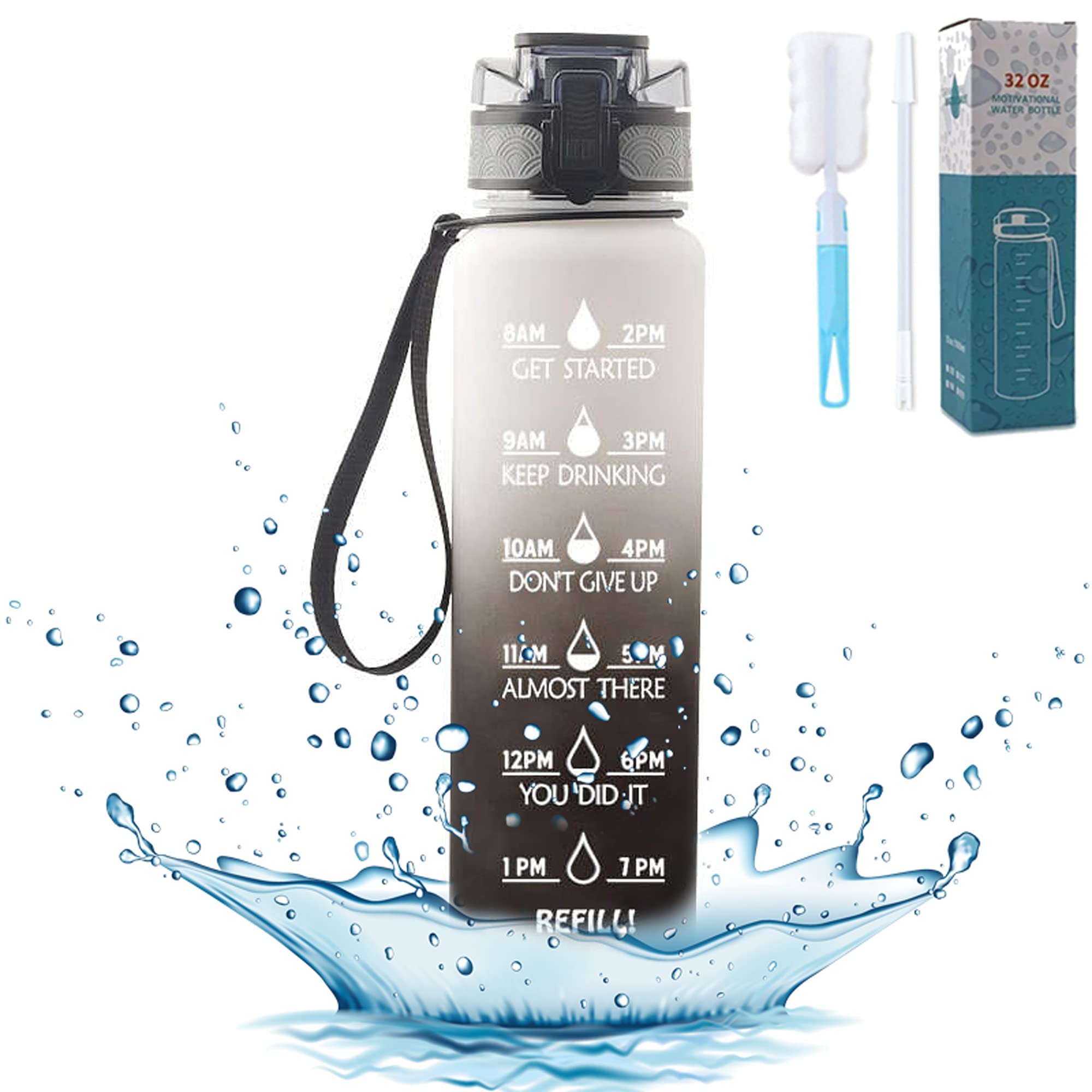 Sports Water Bottle 1L Motivational Water Bottle with Time Markings Tritan BPA Free with Filter Straw Cleaning Brush for Gym Fitness Outdoor Sports Office. (Grey Black Gradient)