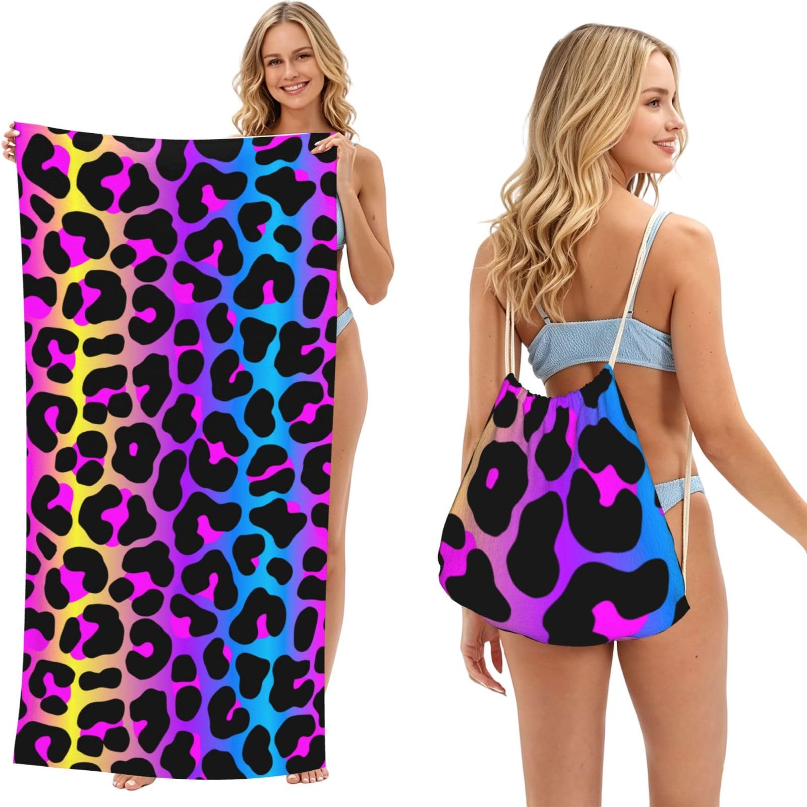 Poadnly As Picture Neon Leopard Print, 2 In 1 Packable Towel Bag, Beach Towels With Drawstring Backpack For Travel Holiday Camping