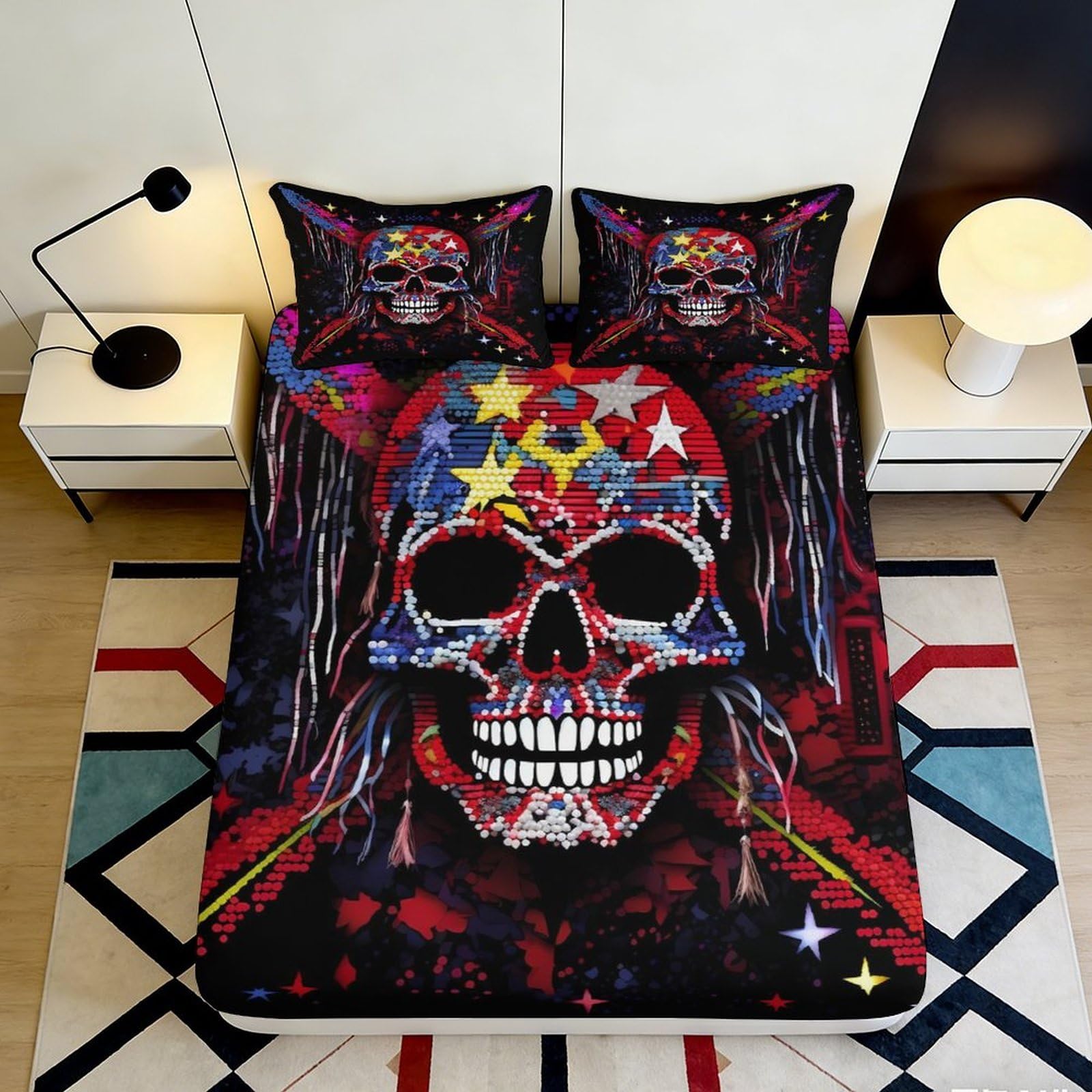 3D Printed Skull Fitted Sheet Microfiber Deep Pocket Non-Slip Skull Mattress Fitted Cover Bedroom Protection 200x200x25cm