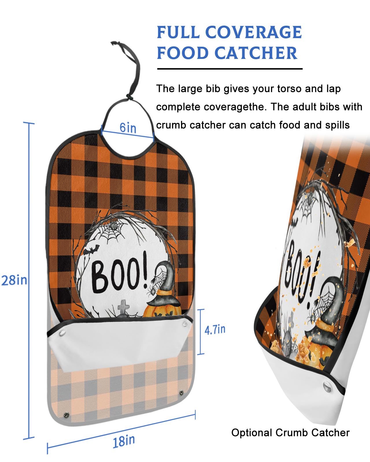 Halloween Adult Bibs for Eating, Waterproof Bibs with Food Catcher & Adjustable Snap Closure, Rustic Pumpkin Bat Black Orange Plaid Washable Clothing Protectors Adult Bibs for Elderly Women/Men