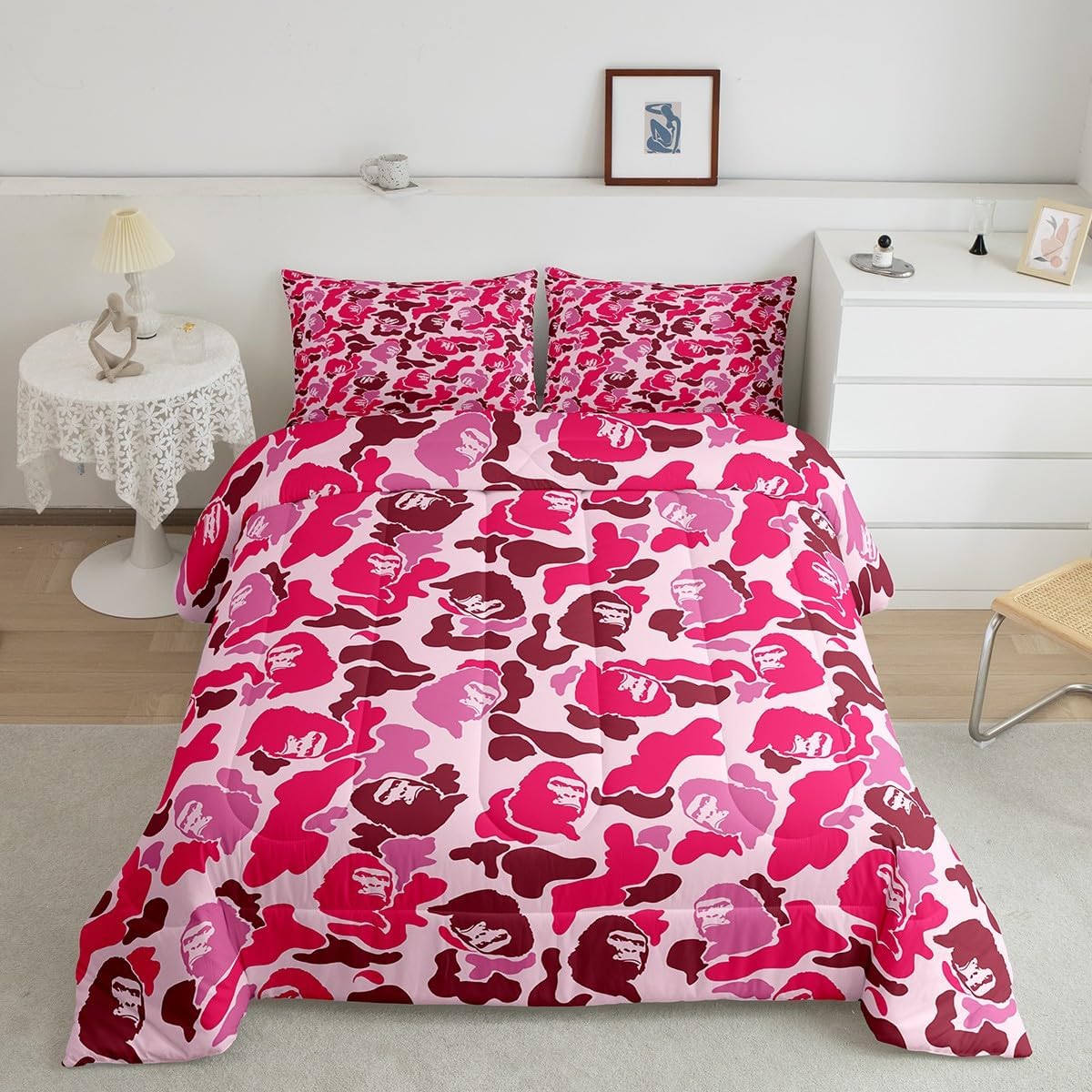 Feelyou Camo Bedding Set Soft for Boys Girls, Camouflage Comforter Set Twin Size Camo Monkey Duvet Quilt Microfiber Hunting Bedroom Decor Pink and Brown 2 Pcs with 1 Pillow Cases