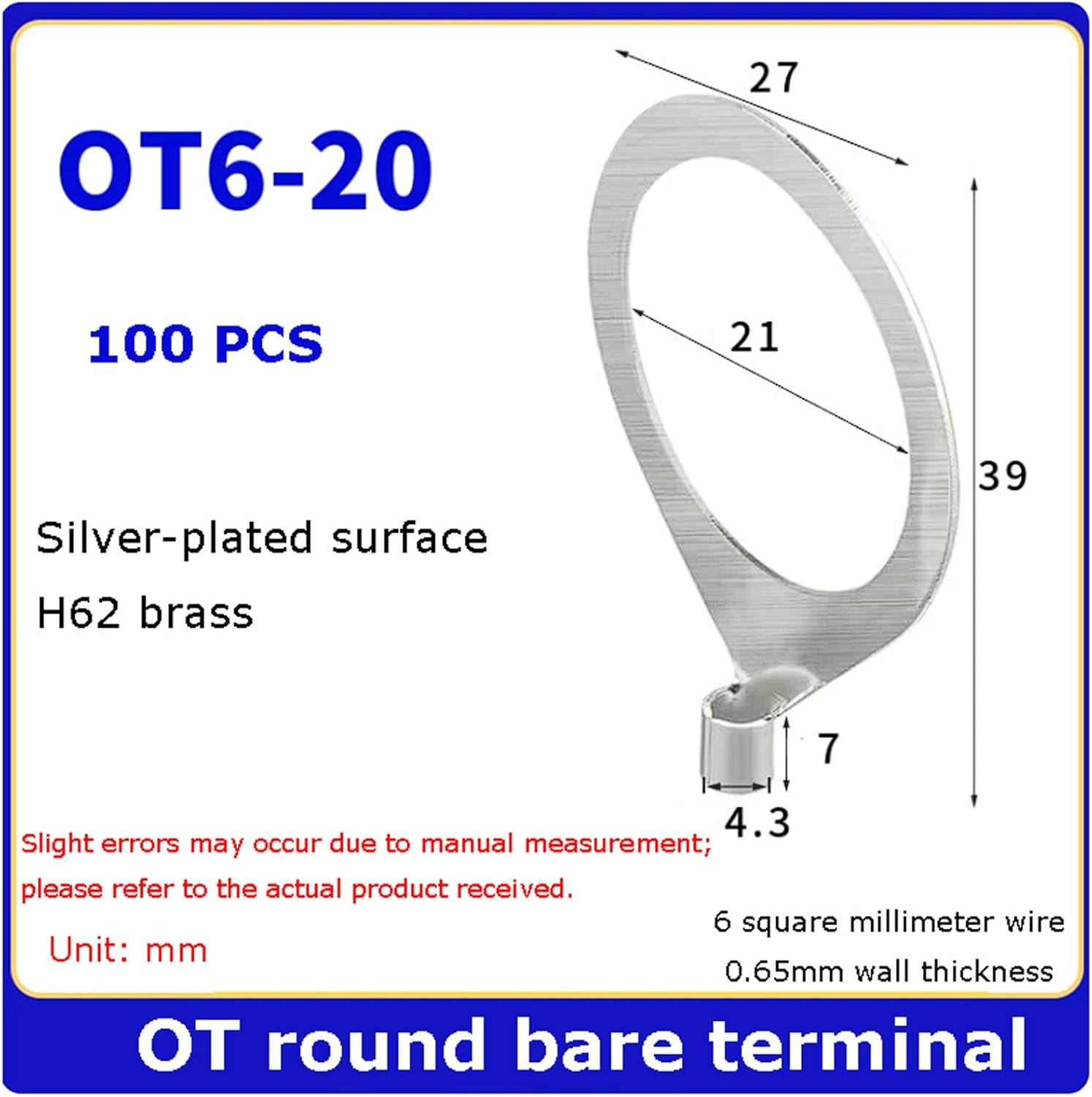100-Pack Round Wire Lugs, OT6 Series Brass Cold-Pressed Bare Terminals, Copper Cable for Crimping