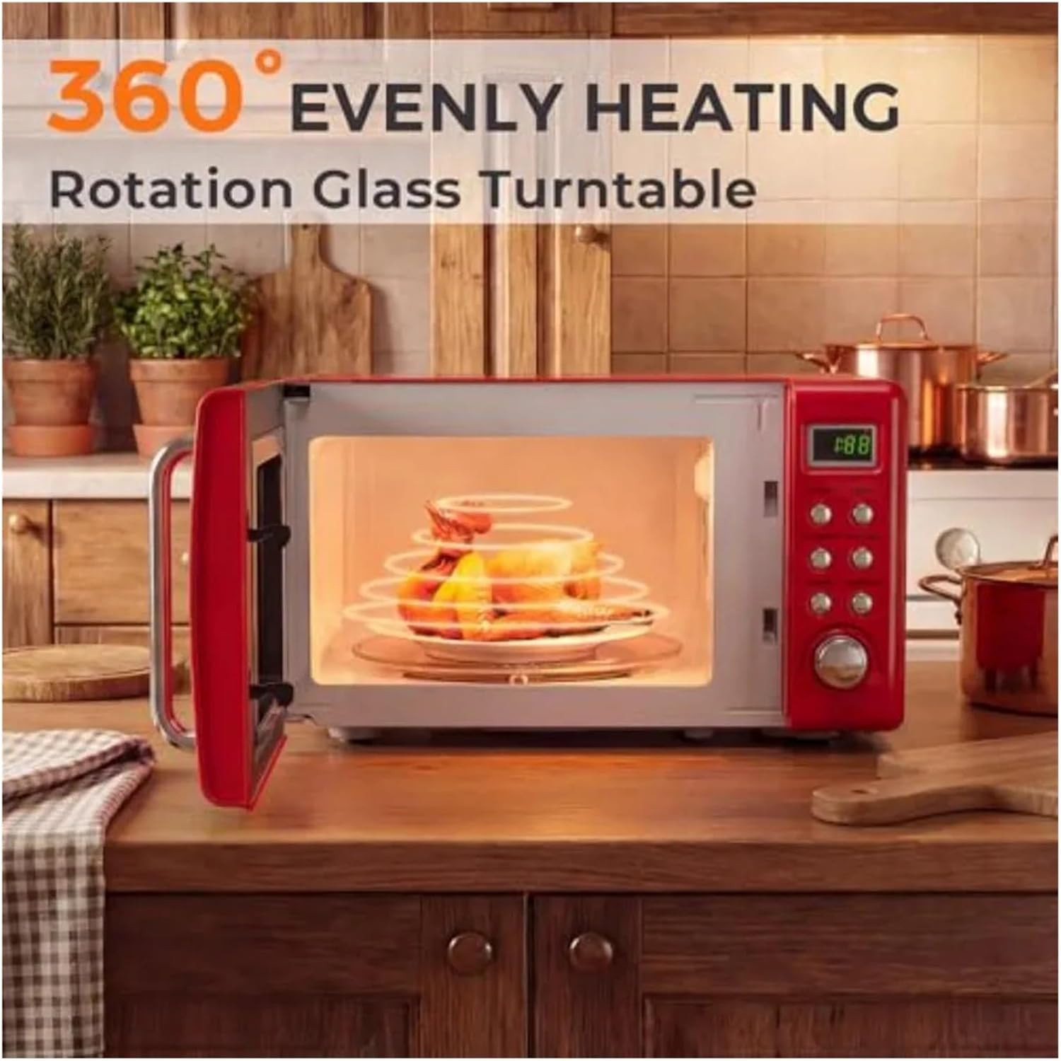 0.7Cu.ft Mini Microwave Countertop 700W Retro Microwave W/ 5 Micro Power Defrosting Settings Glass Turntable Viewing Window LED