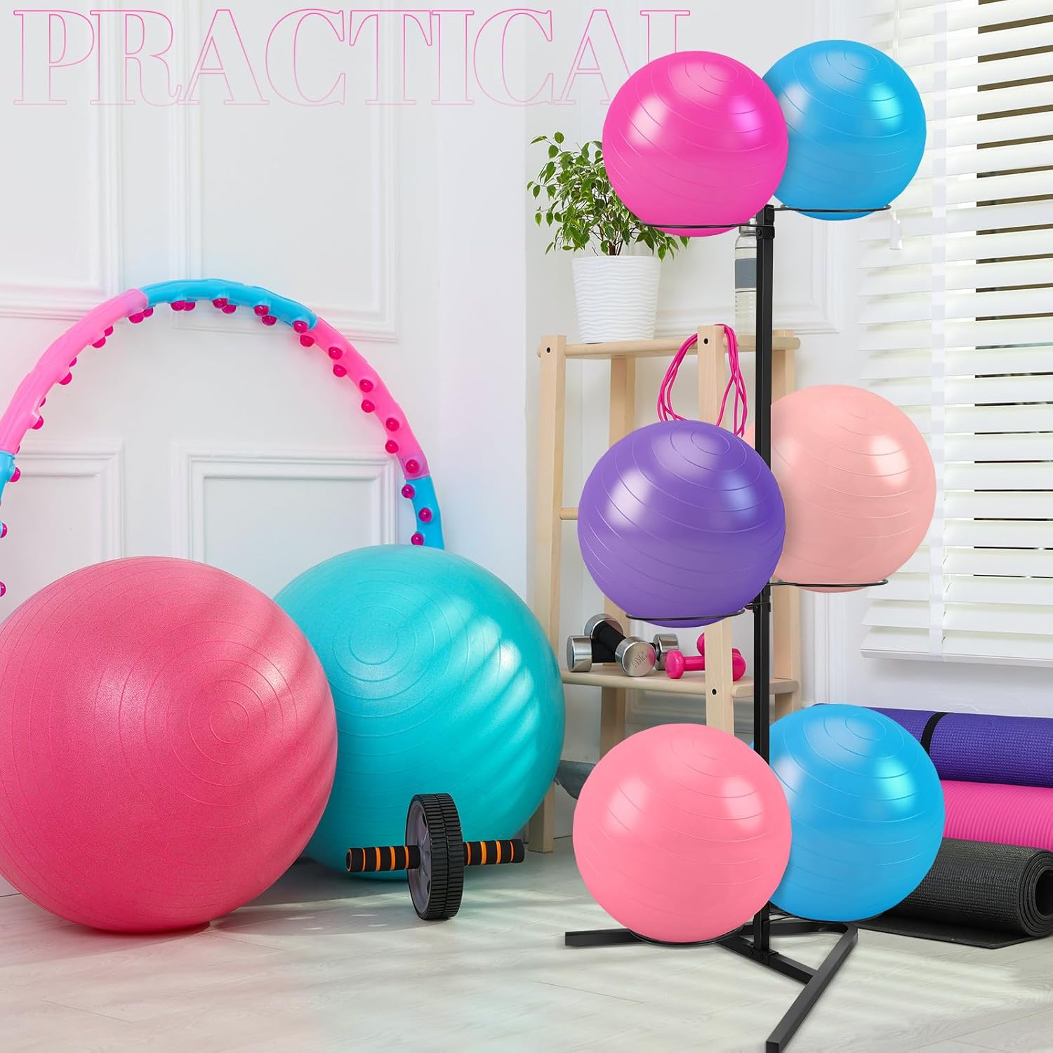 Exercise Yoga Ball Holder Vertical Stability Ball Rack Gym Stand Storage with Tubular Steel Frame Equipment Organizer Suitable for Home Commercial Gym Studios