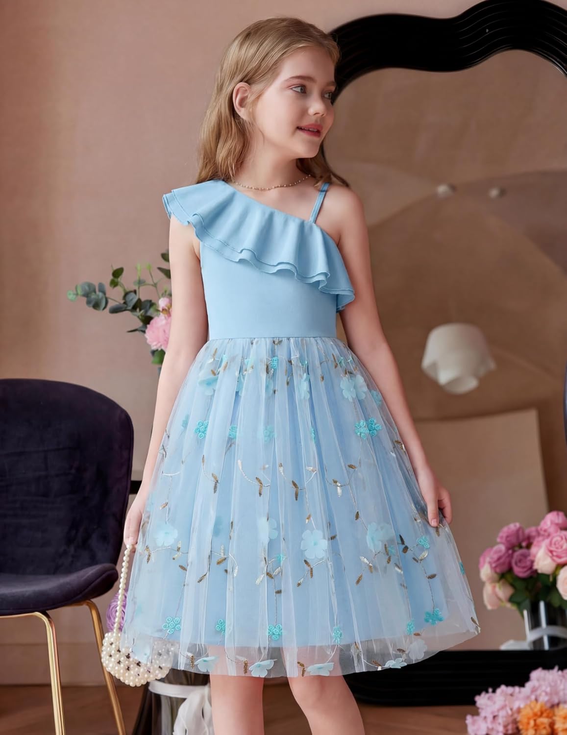 Arshiner Girls Dresses Ruffle Trim Off Shoulder Formal Wedding Party Fancy Summer Tulle Dress for 6-14 Years
