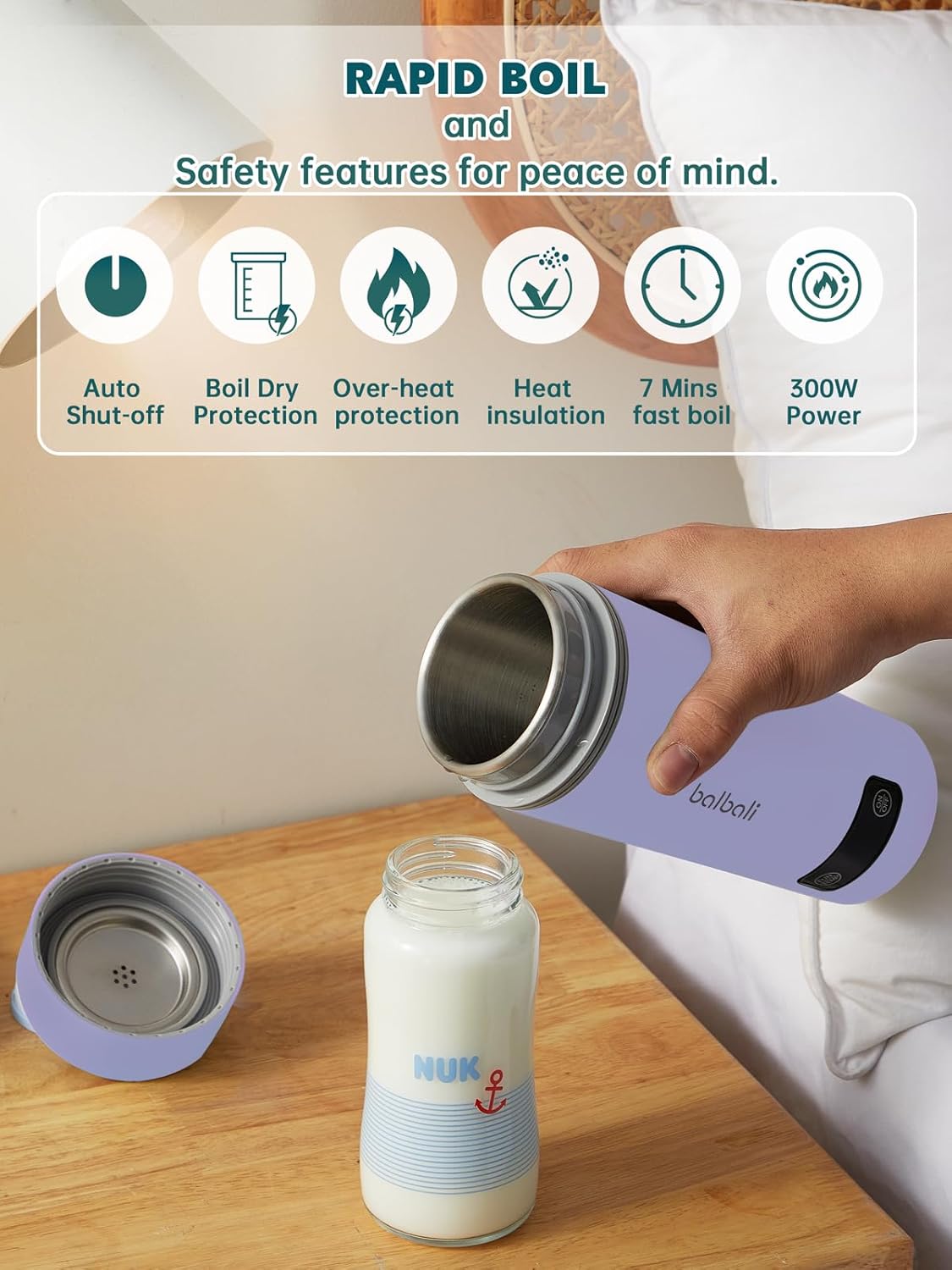 balbali Dual Voltage Travel Kettle 100-250V - 12oz Portable Water Boiler/Warmer/Heater for Boiling Water - 4 Preset Temperature Control Portable Tea Kettle Electric Travel - Purple - Image 7