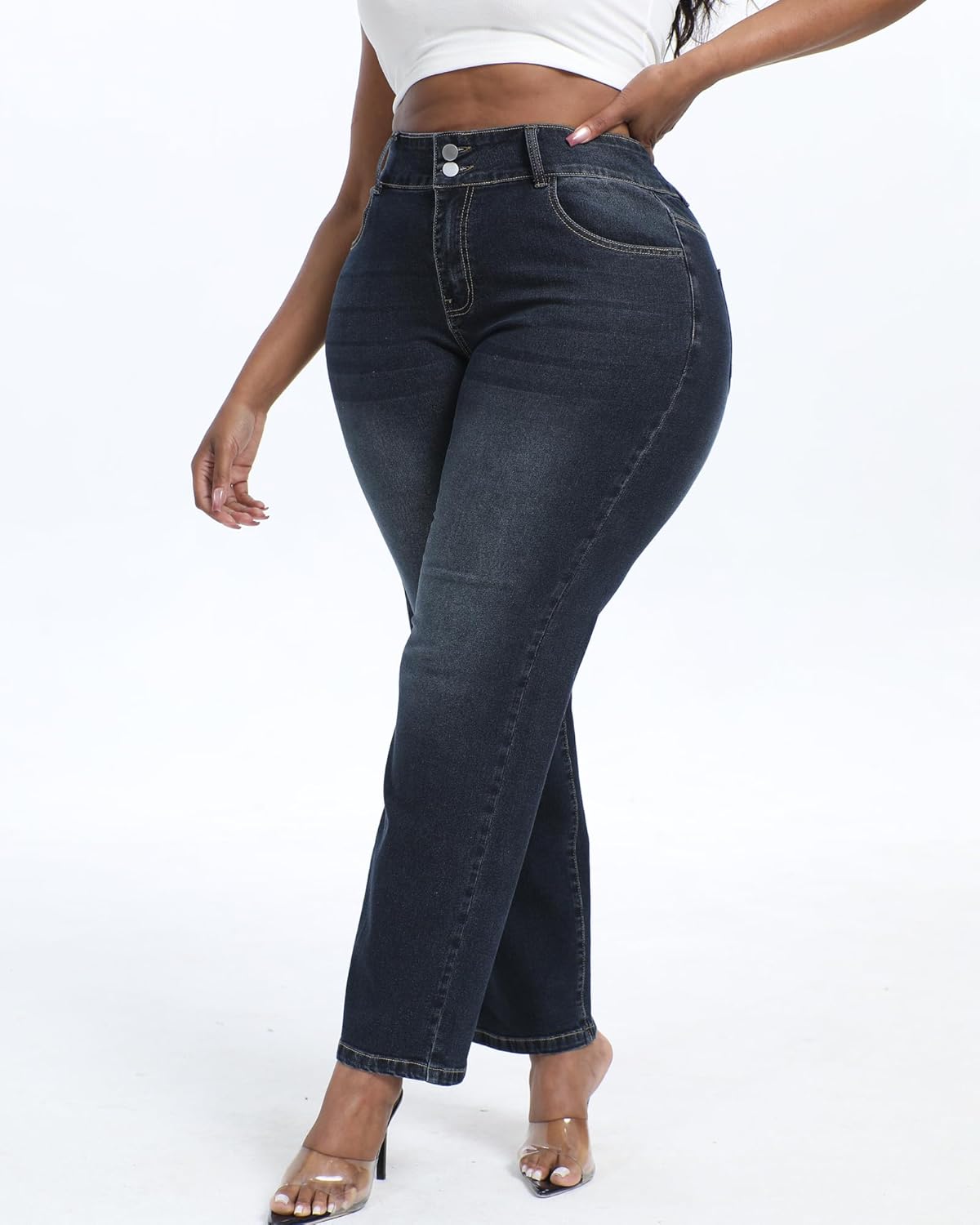 Plus Size Jeans for Curvy Women Straight Leg Stretchy High Waisted Casual Loose Denim Pants with Pockets - Image 4