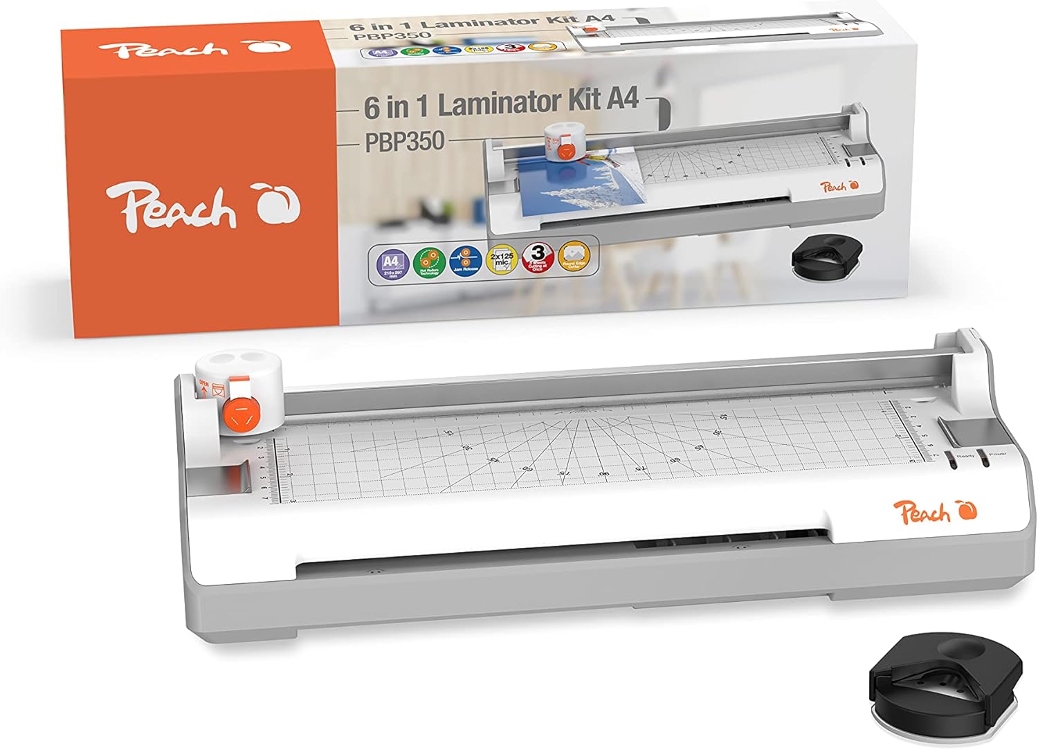 Peach PBP350 4-in-1 Laminator A3 Corner Roller, Cutter, with Laminating Film | ABS | Starting Time in 3-5 Minutes | 2 x 125 Micc. | 250 mm/min | hot and cold laminator