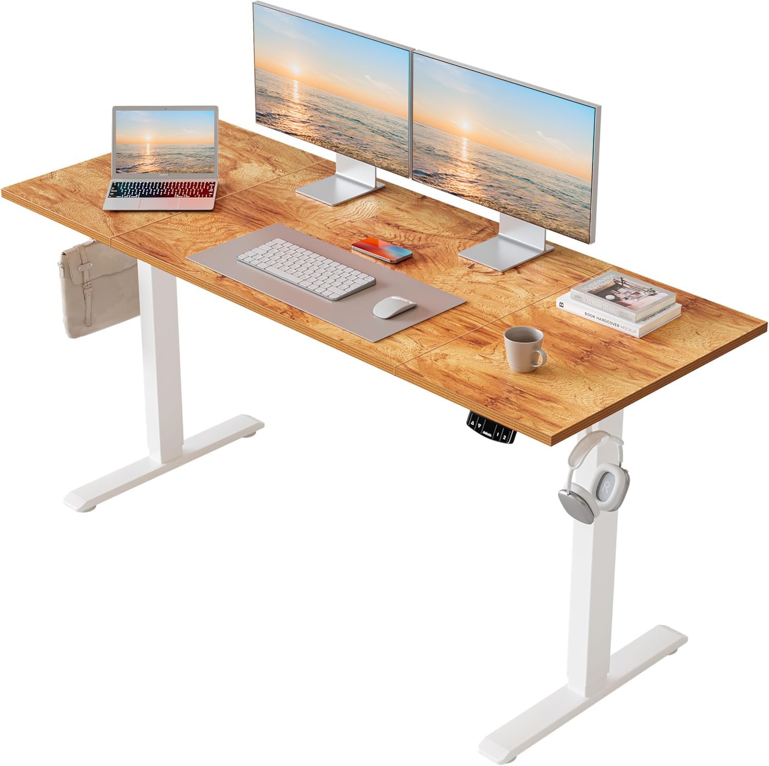 Agilestic Höhenverstellbarer Schreibtisch 160 x 60 cm | Schreibtisch höhenverstellbar elektrisch, 2 Speicherplätze, Stehschreibtisch, Computertisch für Homeoffice, Hellbraun