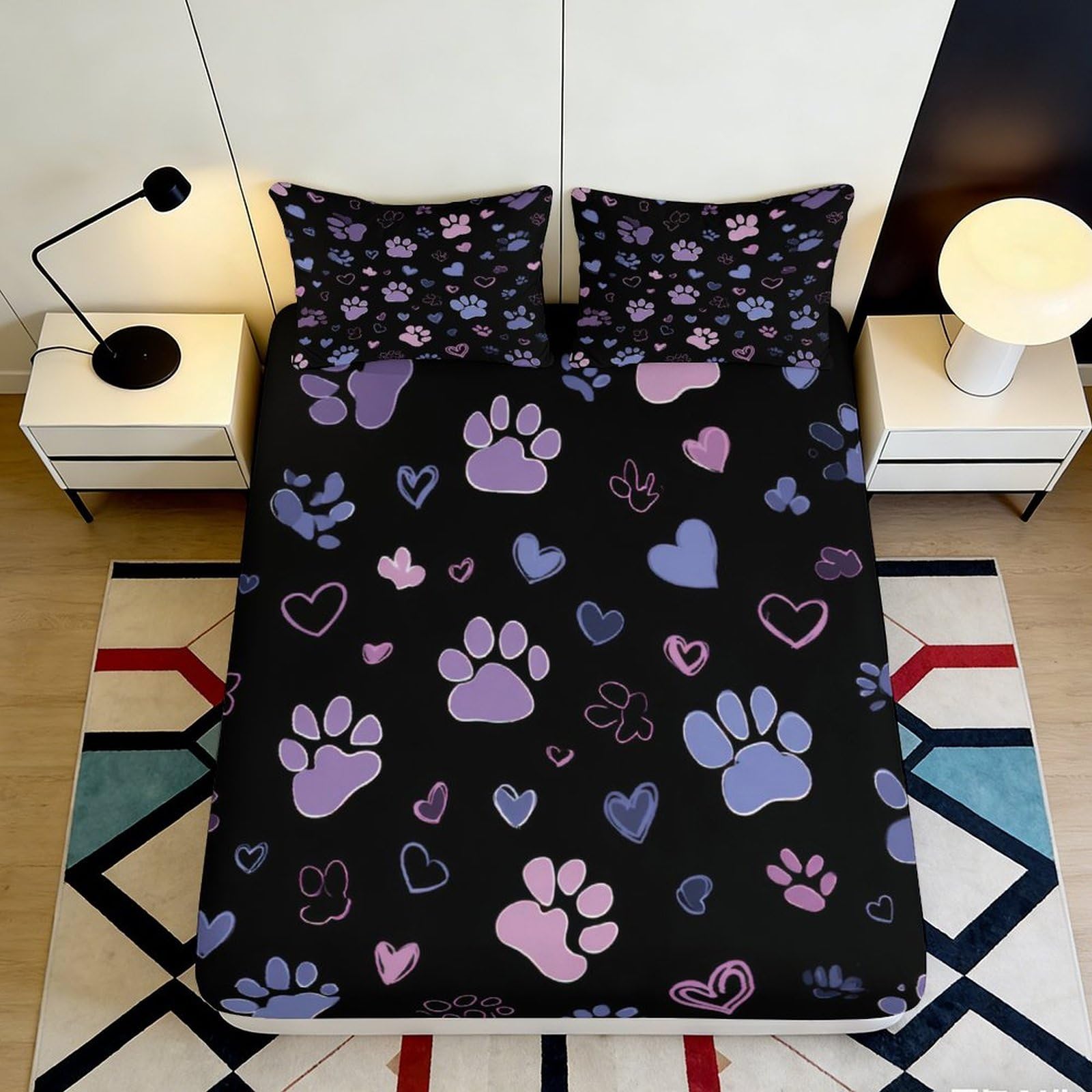Jqzkxnhpbr Style-5 3D Printed Purple Paw Heart Fitted Sheet Microfiber Soft Decor Black Bed Cover For Bedroom Guest Room Dorm 90X200x25cm