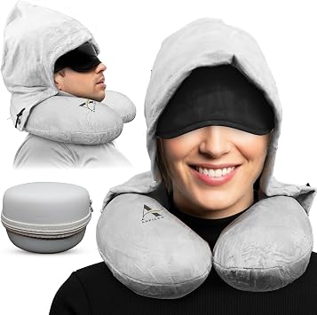 Travel Neck Pillow Detachable Hood - Memory Foam U-Shaped Adjustable Buckle Airplane Travel Essentials Removable Washable Cover Comfortable Head Neck Support Portable Storage Case with Eye Mask