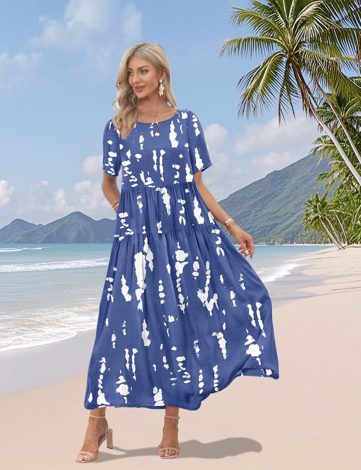 YESNO Damen Kleider Freizeit Lose Sommerkleid Lang Boho Maxikleid für Rundhals Strandkleid Blumenkleid EJFDE