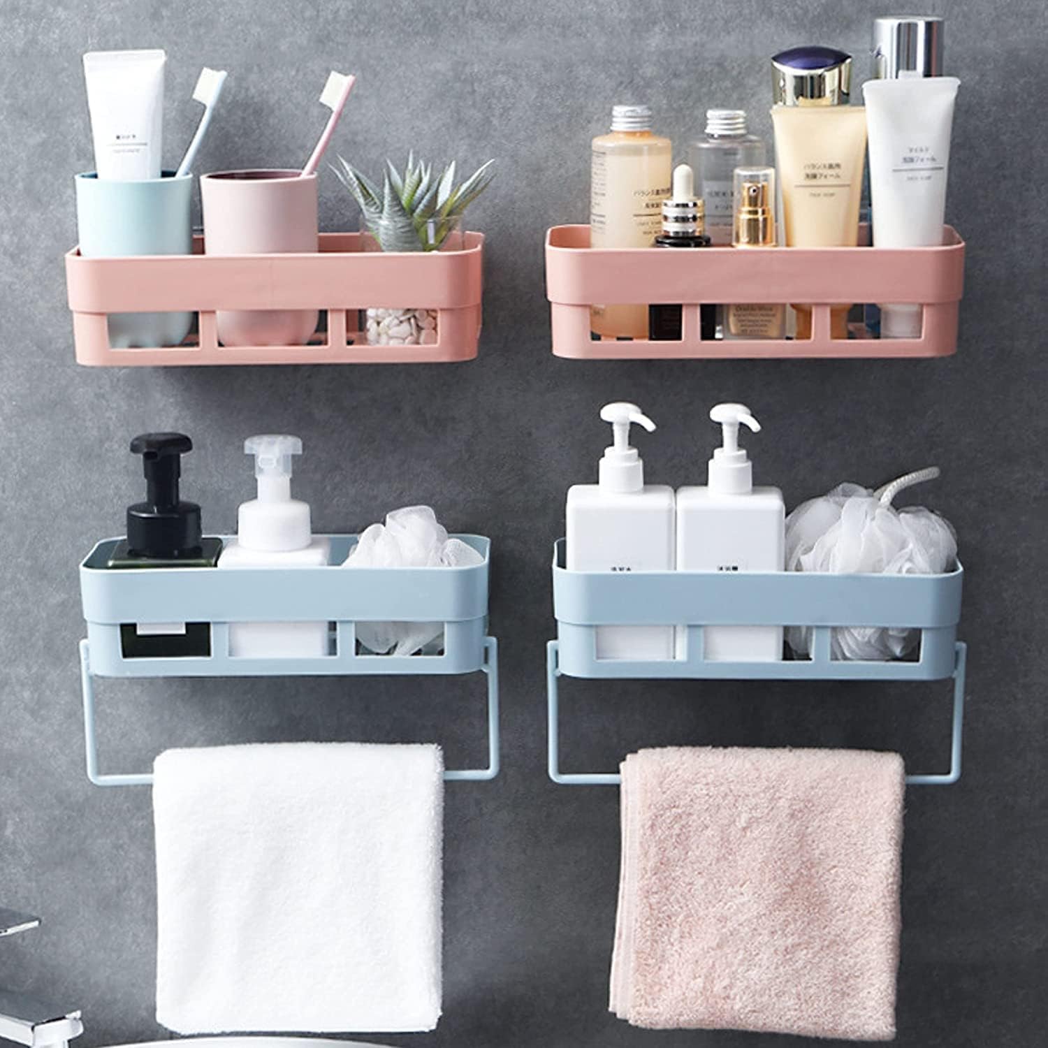 4-Tier Wall-Mounted Bathroom Shelf, Rustproof Plastic, 4 Bath + 2 Towel Hanger, Space Saving, Easy Install, Fast Draining