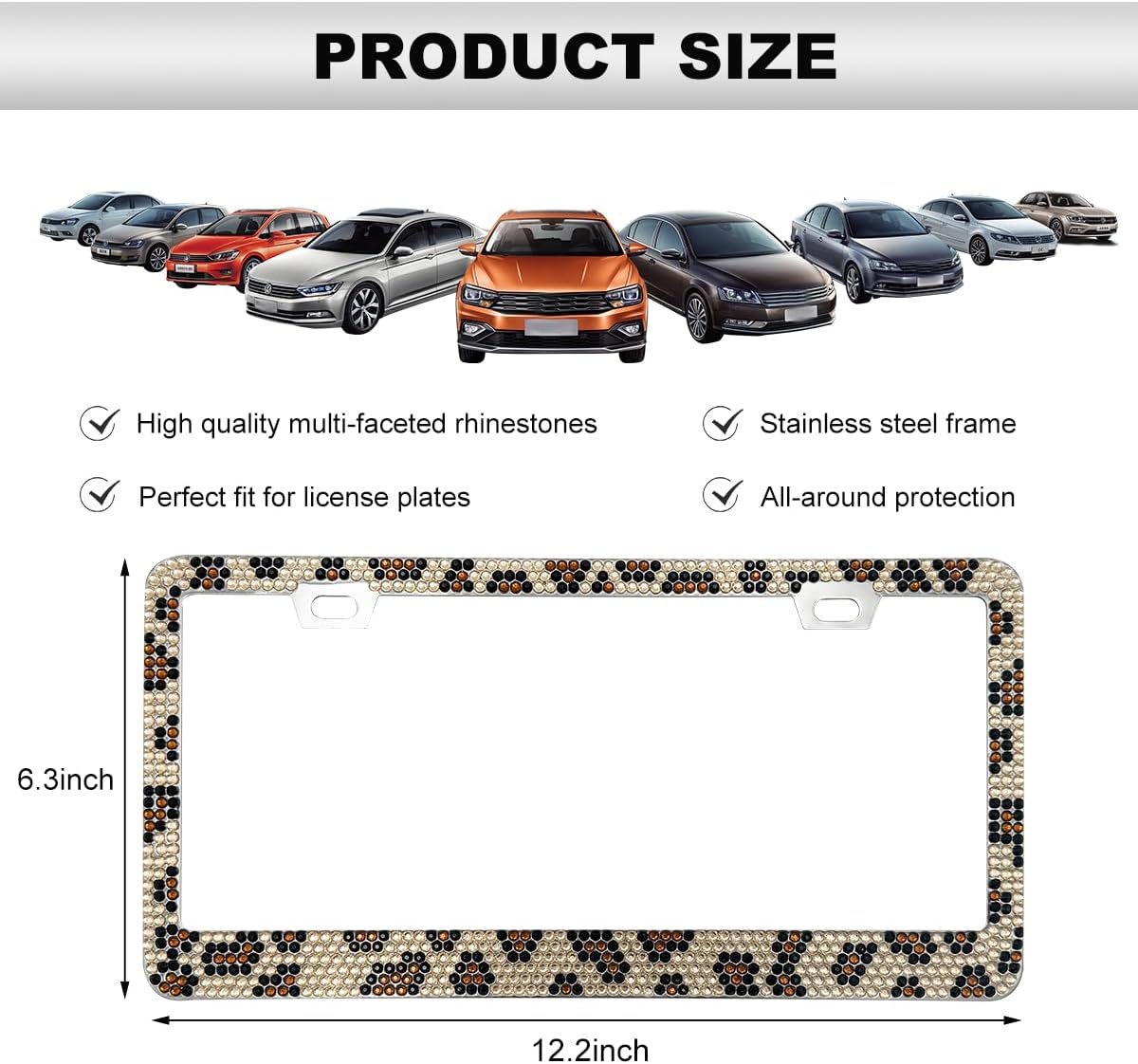 DXNQ Bling License Plate Frame, Sparkly Rhinestone Diamond License Plate Cover with Crystal Screws Caps, Glitter Crystal Stainless Steel License Plate Holder for Women, Car Accessories (Leopard) image 2