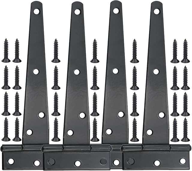 T Hinges,4 Pcs 6 Inch T Strap Heavy Duty Black Metal Door Hinges, Used for Wood Doors, Outdoor Wooden Fences, Shed Doors, Gates,Cabinets,Windows(100/150/200mm) (6 inch)